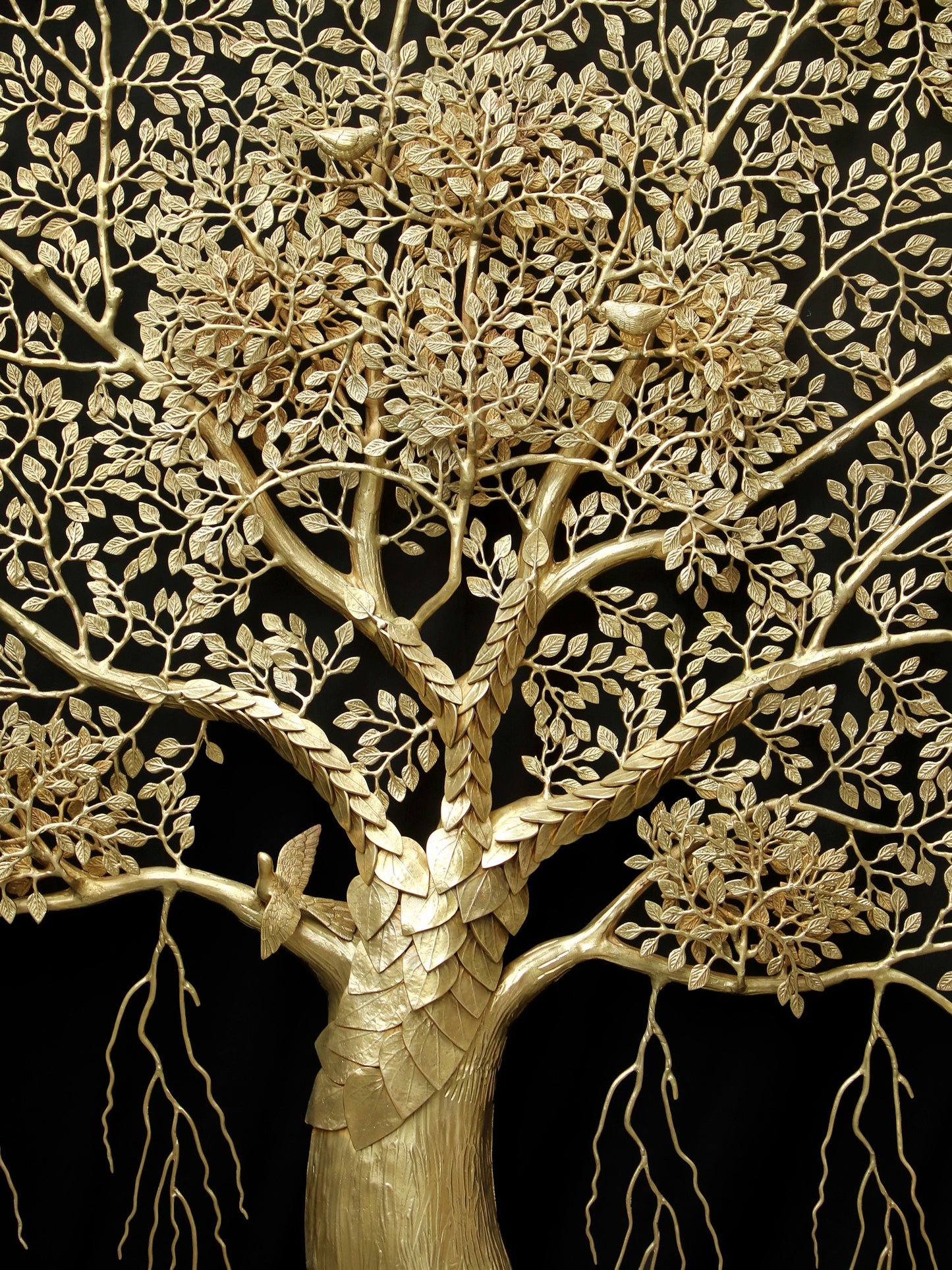 Super Large Wall Mounted Tree of Life with Perched Birds in Brass