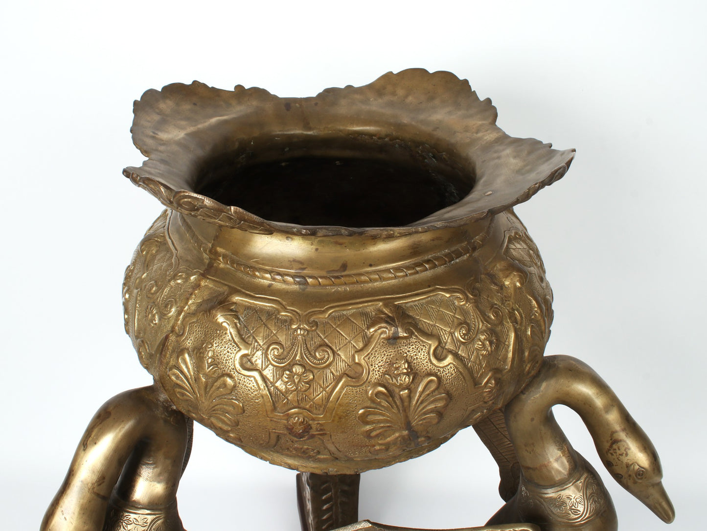 27" Brass Vintage Urli Pot on The Back of Swans