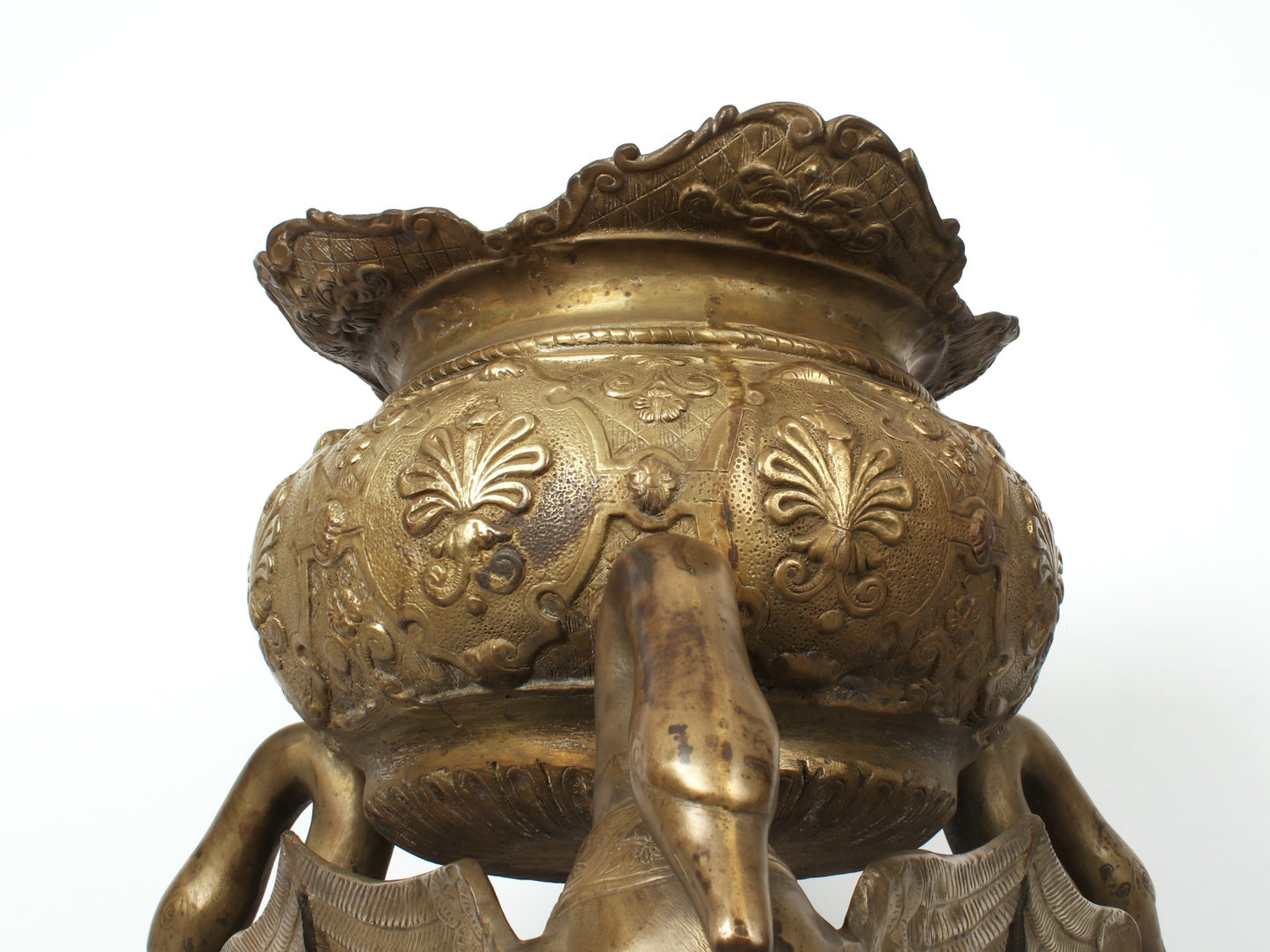 27" Brass Vintage Urli Pot on The Back of Swans