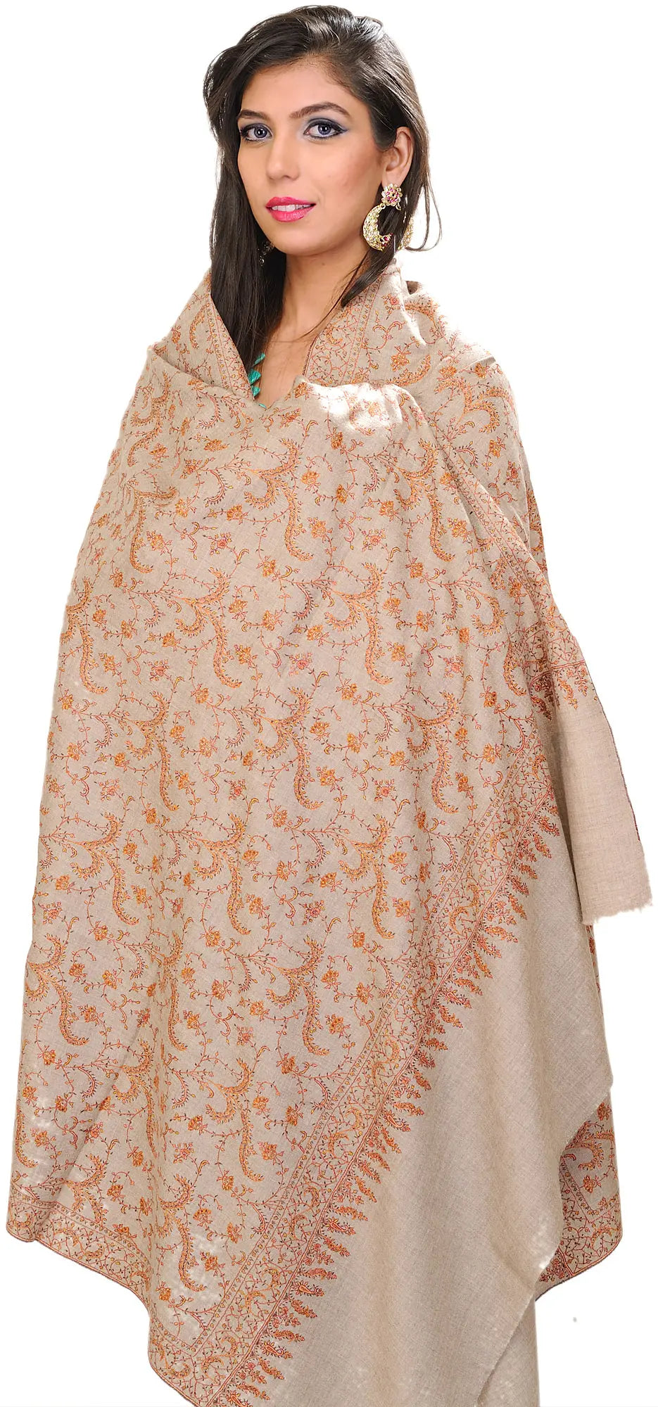 Silver-Cloud Kashmiri Pashmina Shawl with Jafreen Jaal Embroidered Flowers All-Over