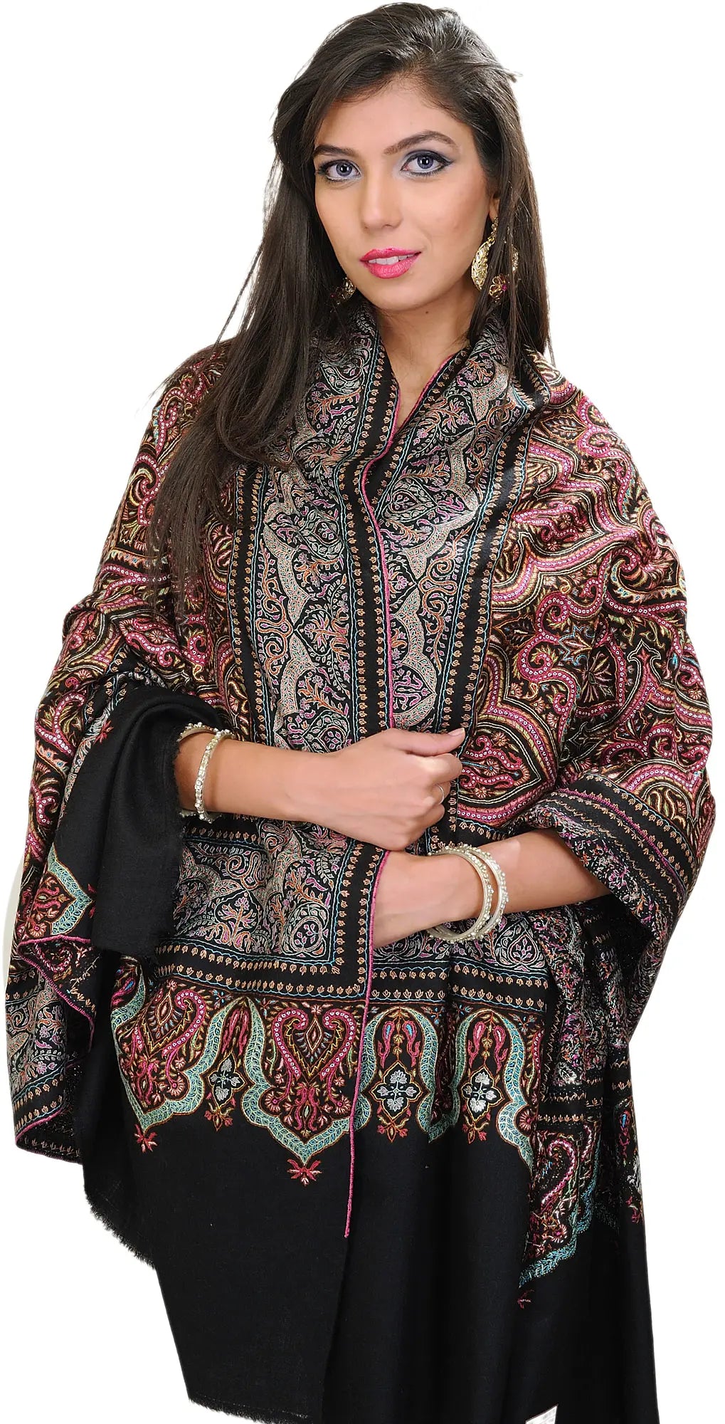 Jet-Black Pashmina Shawl with Indricate Needle Embroidery By Hand