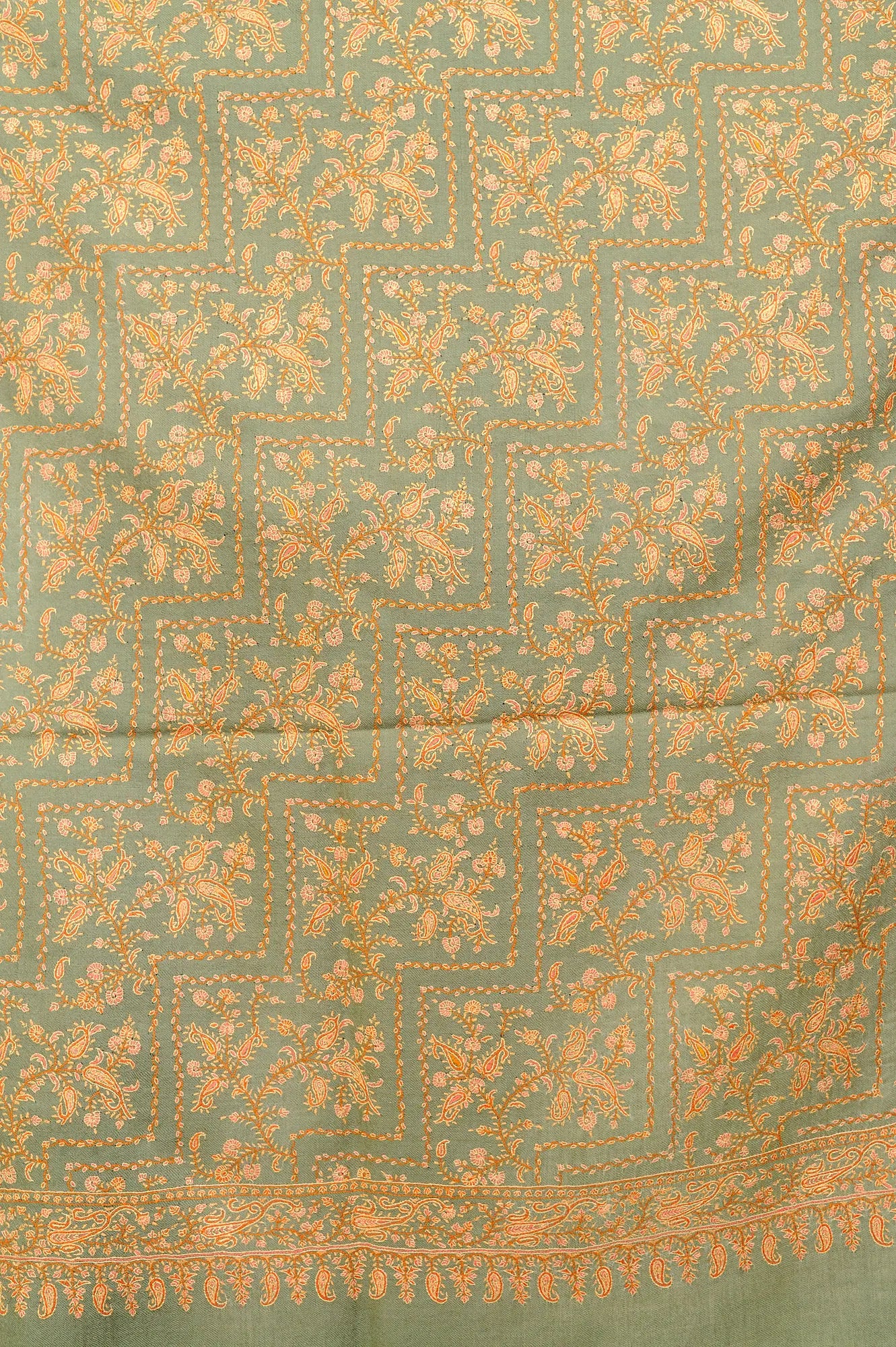 Mineral-Green Kashmiri Shawl with Sozni Embroidered Paisleys by Hand