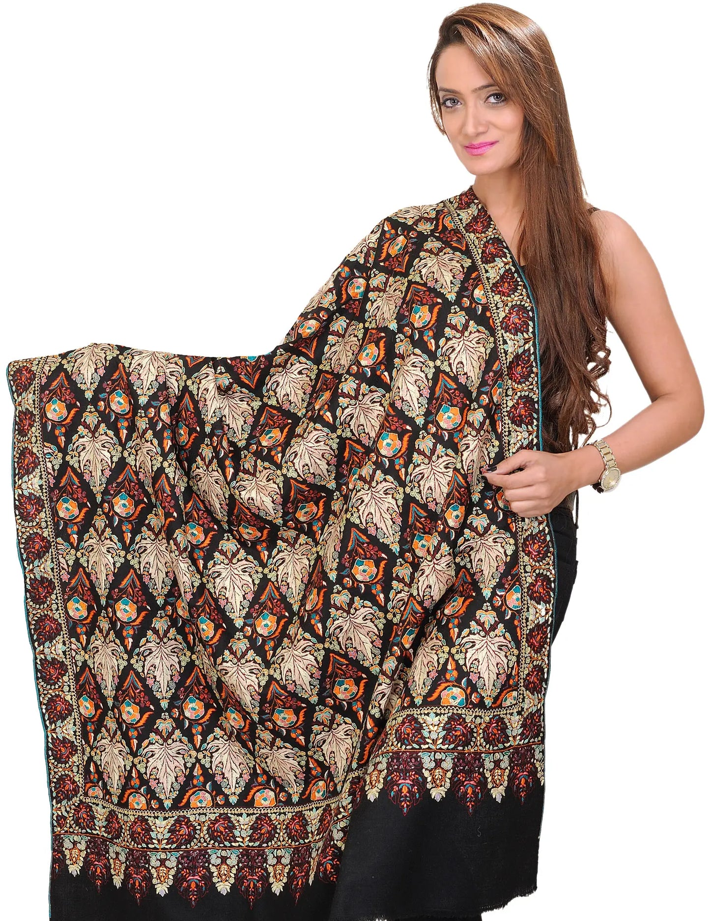 Jet-Black Pure Pashmina Shawl from Kashmir with Sozni Embroidered Chinar Leaves All-Over | Takes around 1 year to complete | Handwoven