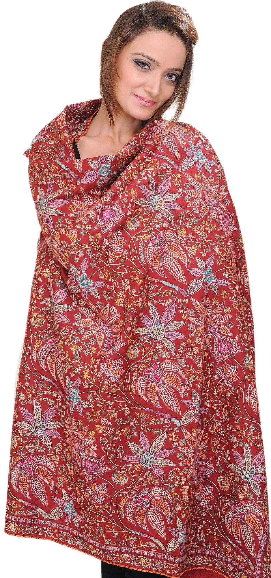 Brick-Red Pure Pashmina Kashmiri Shawl with Sozni Embroidered Flowers