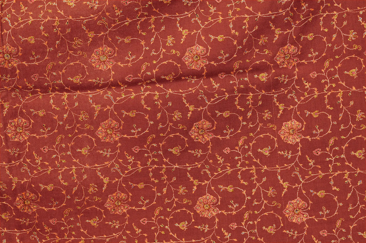 Burnt-Orange Pure Pashmina Shawl with Sozni Embroidered Flowers All-Over