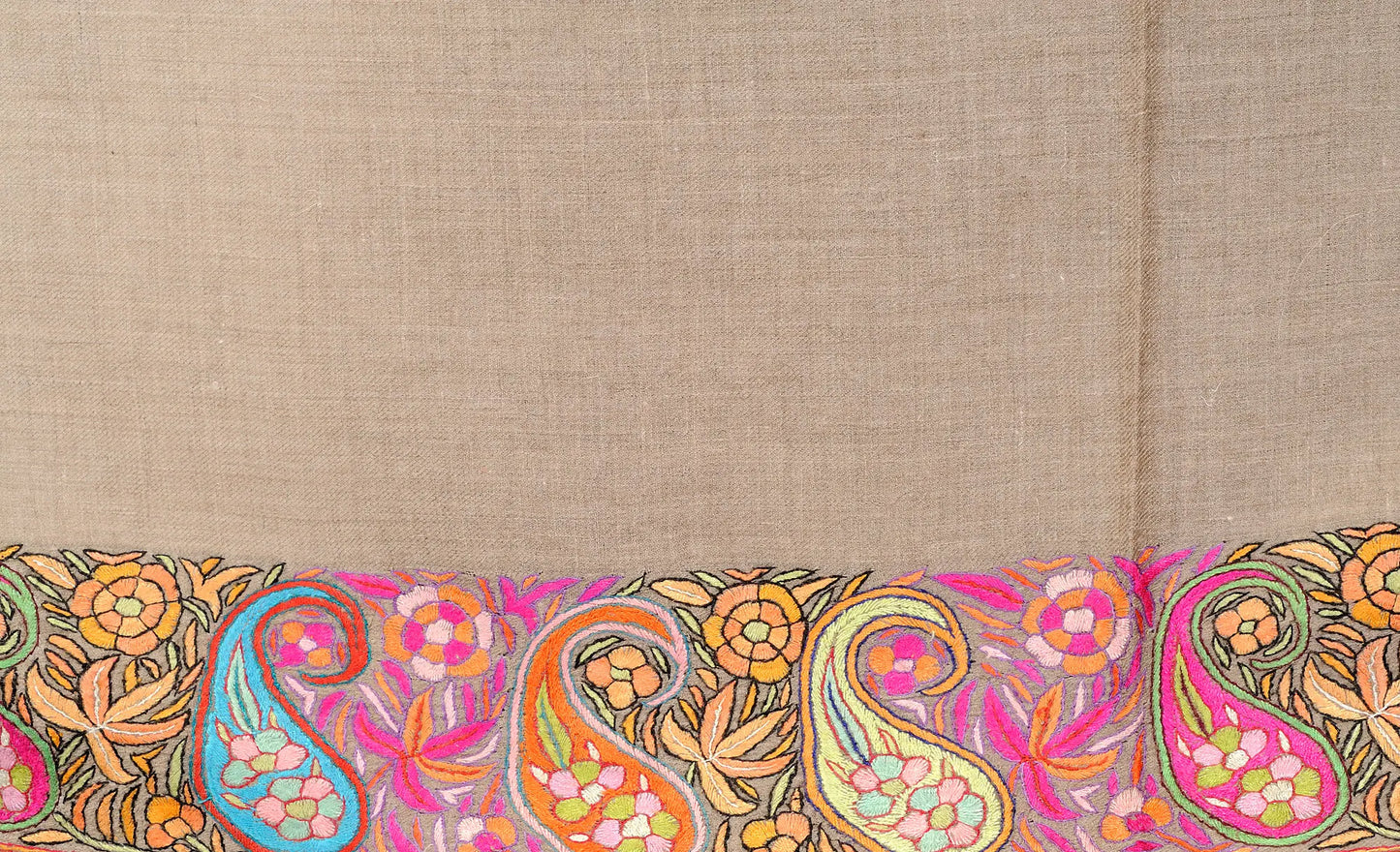 Warm-Taupe Pure Pashmina Shawl from Kashmir with Hand-Embroidered Paisleys on Border