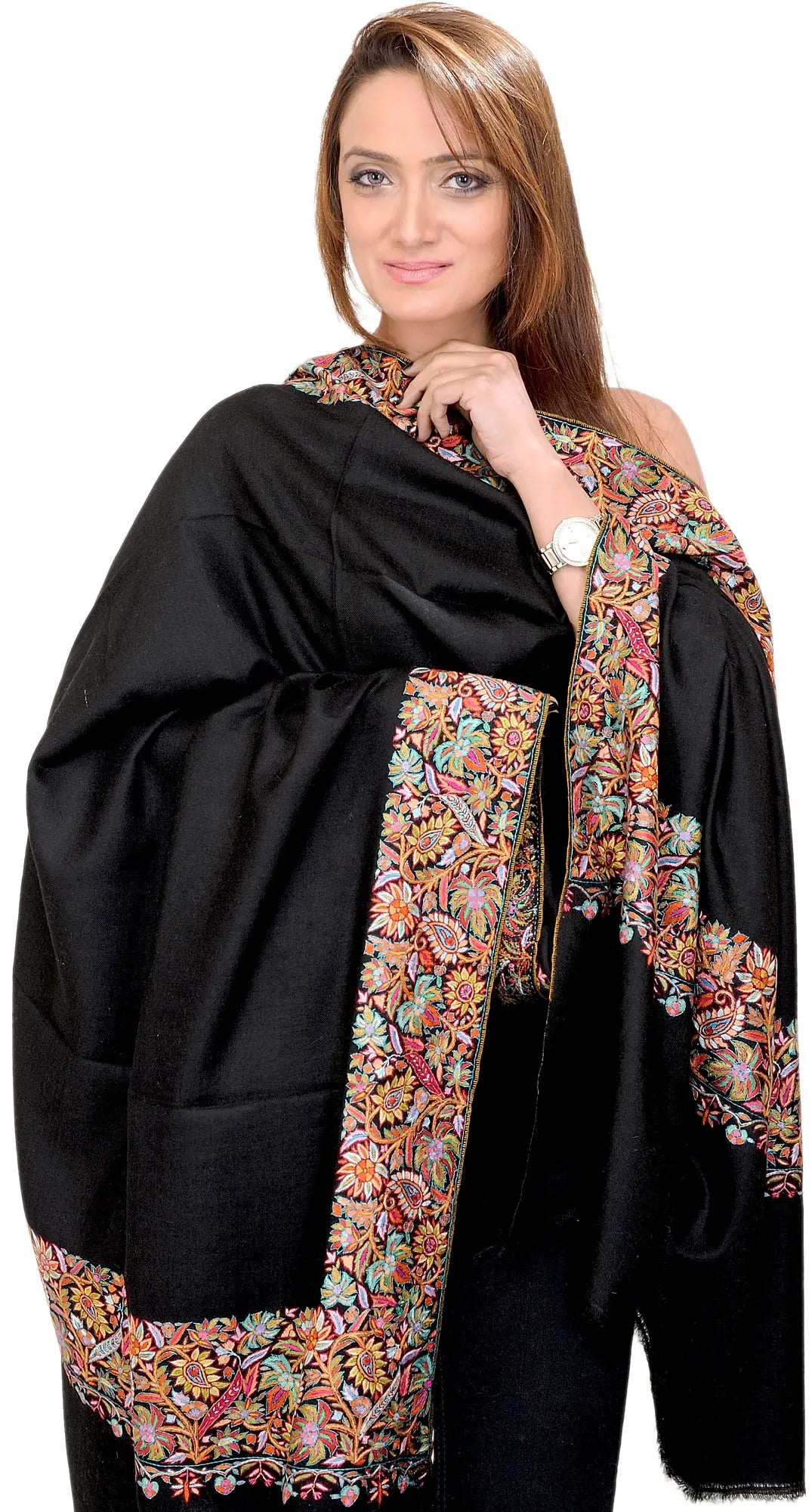 Jet-Black Plain Pashmina Shawl from Kashmir with Intricate Sozni Embroidered Flowers on Border