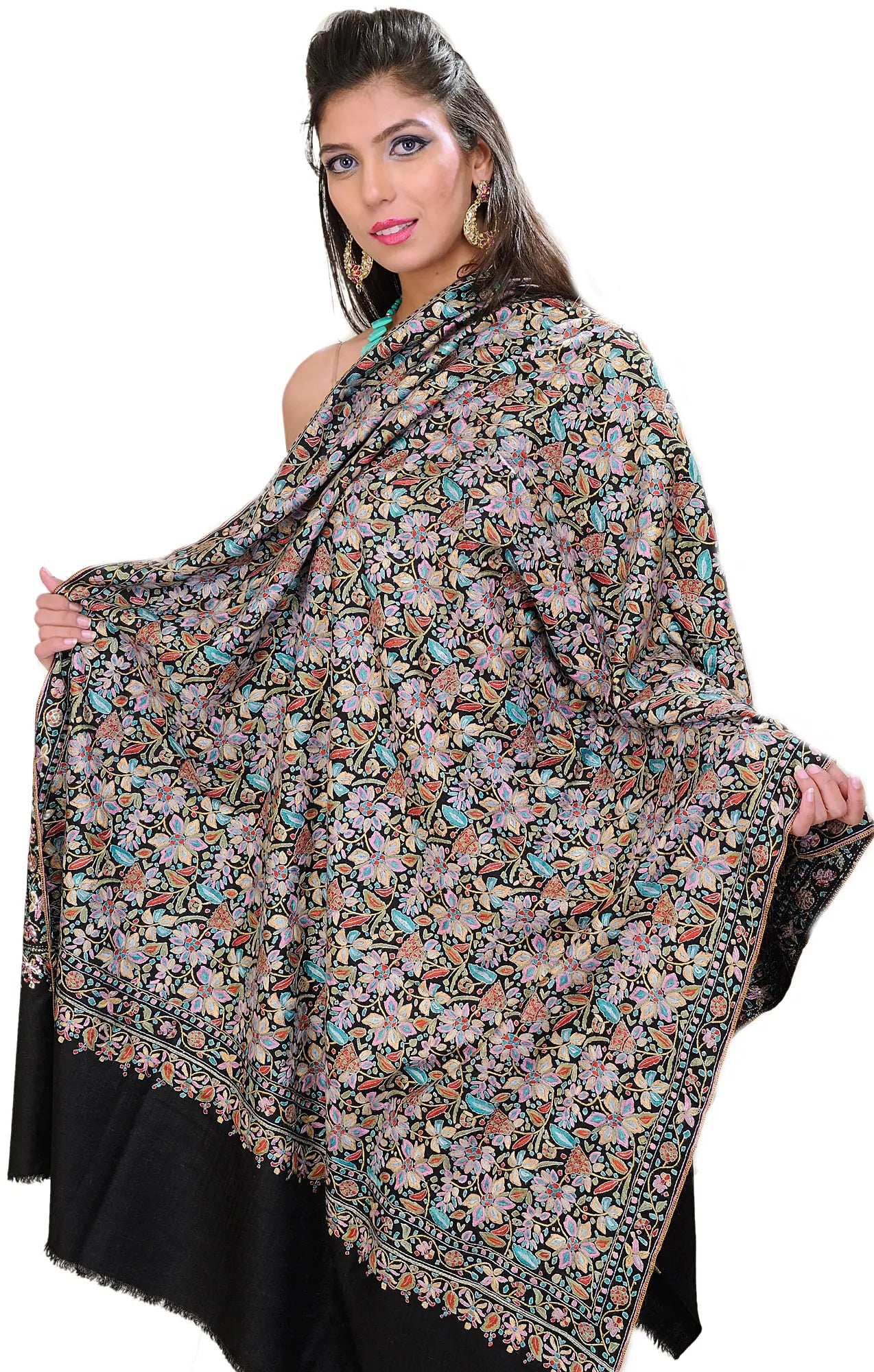 Jet-Black Superfine Kashmiri Pure Pashmina Shawl with Intricate Sozni Embroidered Flowers