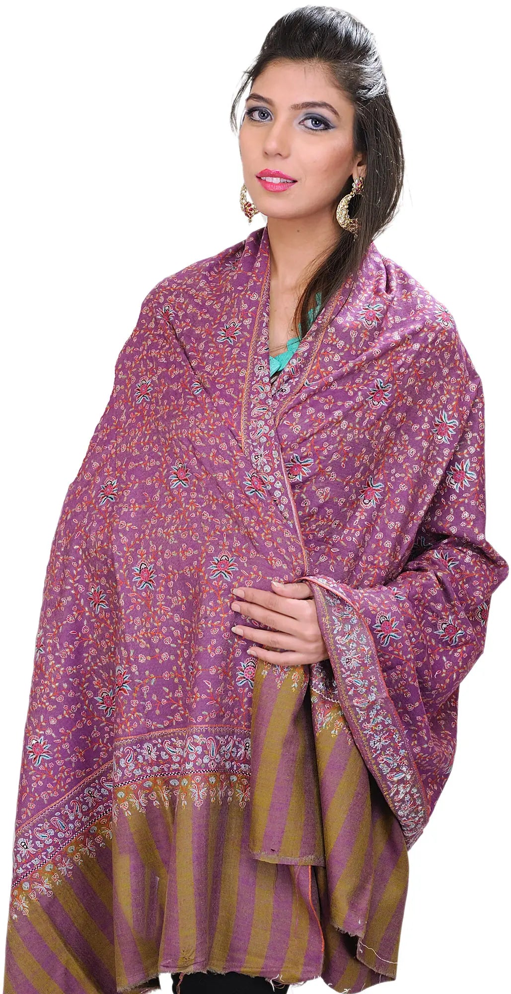 Wood-Violet Pure Pashmina Shawl from Kashmir with Sozni Embroidery All-Over