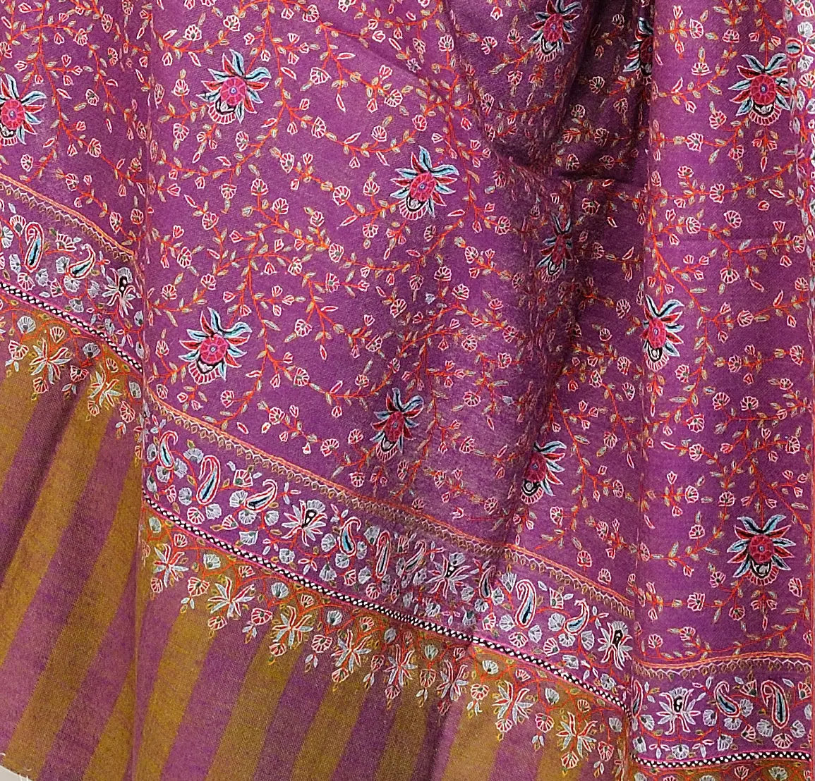 Wood-Violet Pure Pashmina Shawl from Kashmir with Sozni Embroidery All-Over