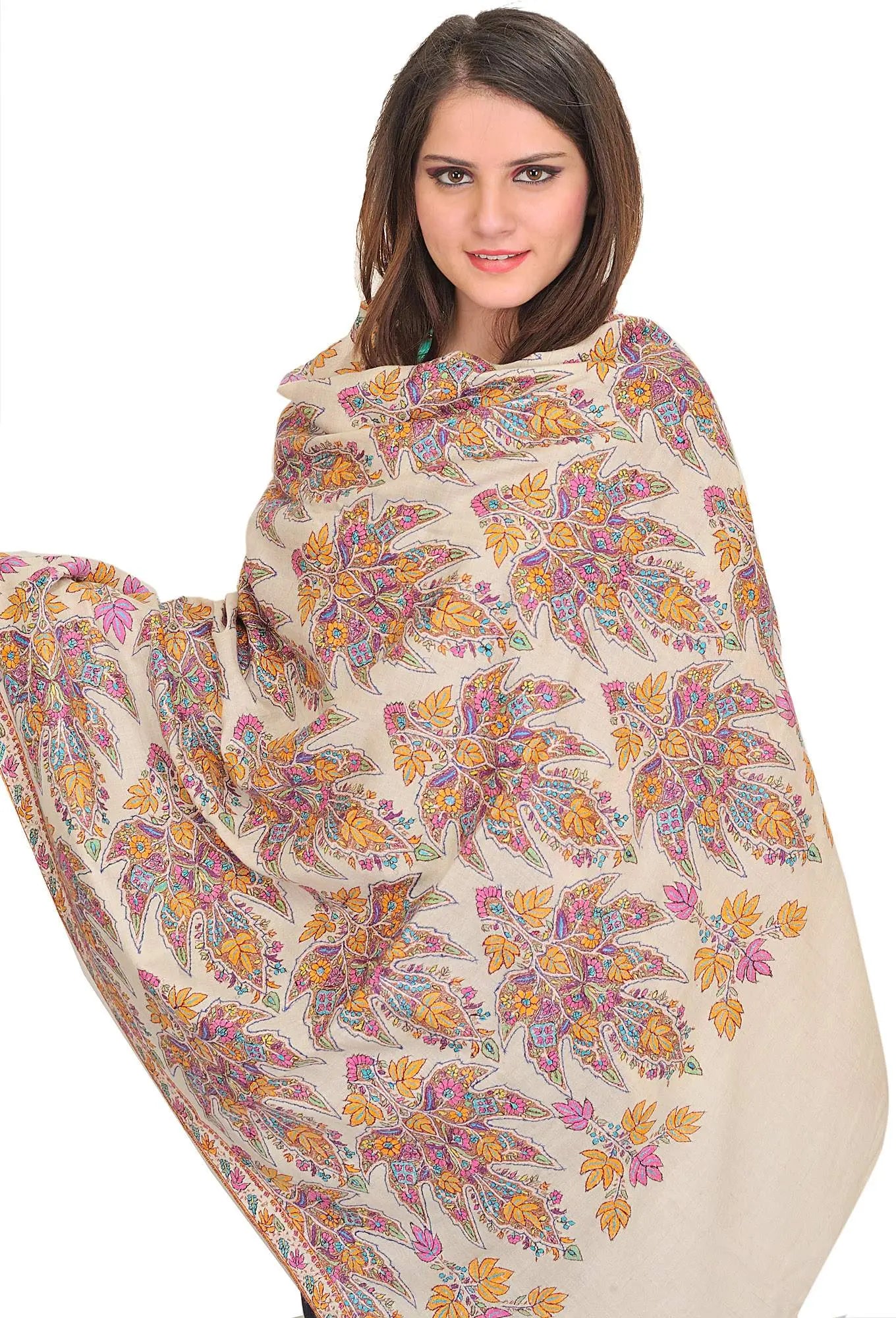 Jet-Black Kashmiri Pure Pashmina Shawl with Sozni Embroidered Paisleys by Hand