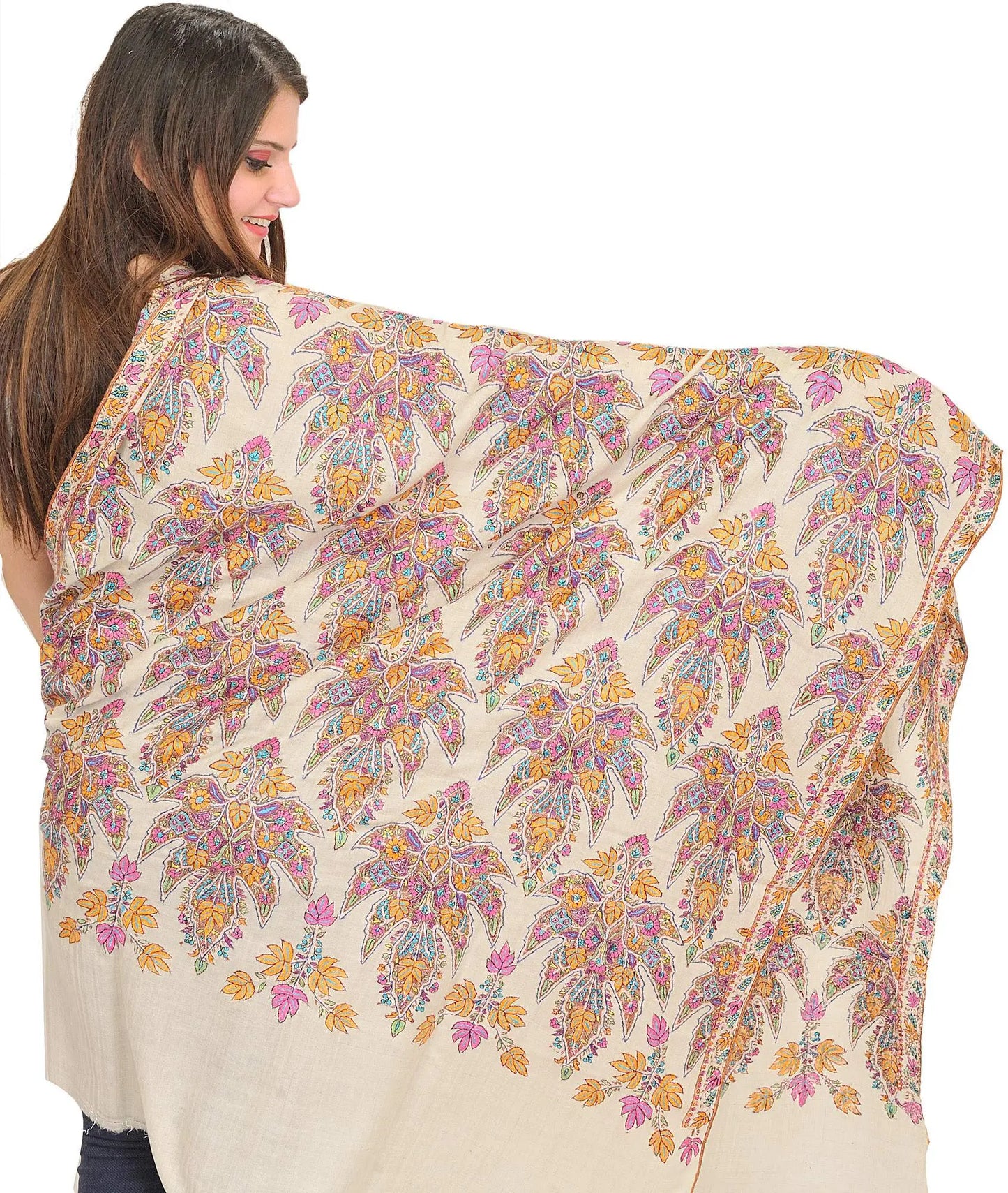 Jet-Black Kashmiri Pure Pashmina Shawl with Sozni Embroidered Paisleys by Hand