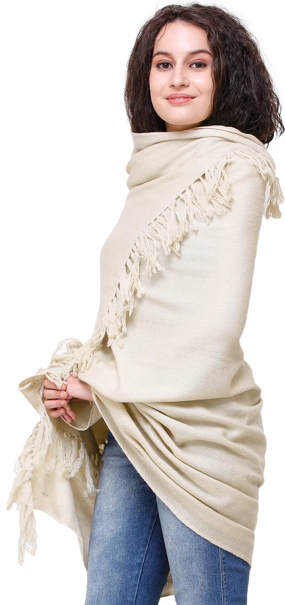 Antique-White Tusha Shawl from Kashmir with Needle-Embroidered Paisleys All-over