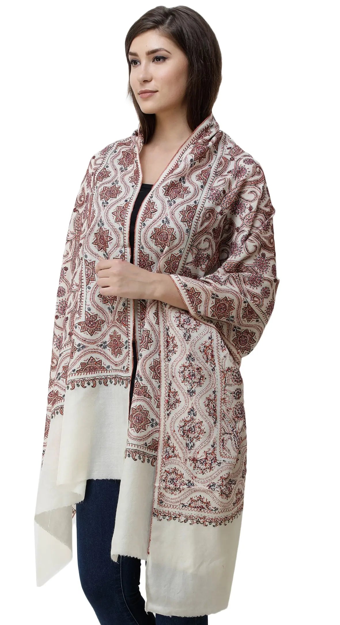 French-Oak Handloom Pure Pashmina Shawl from Kashmir with Sozni-Embroidery by Hand