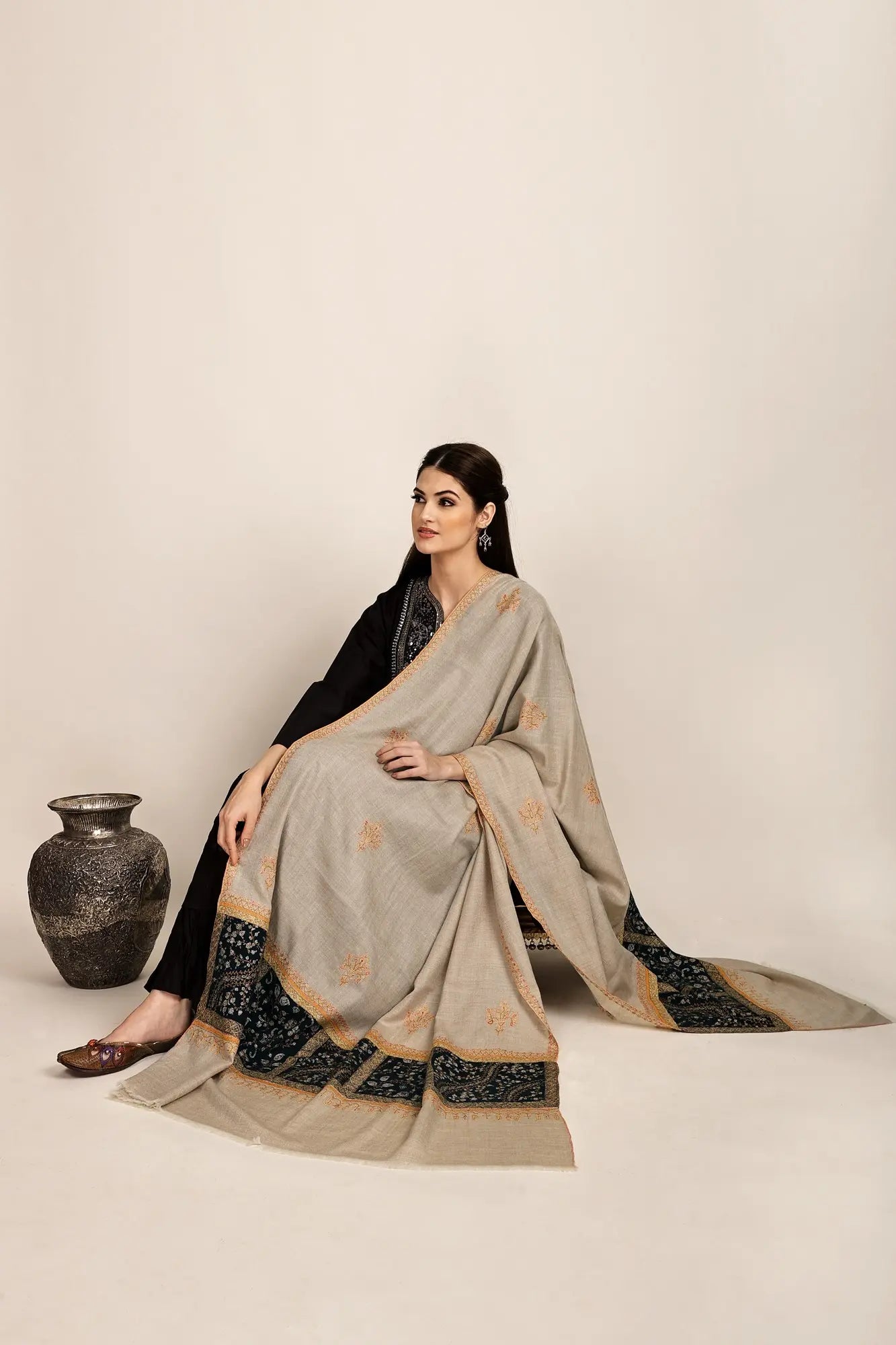 Cannoli-Cream Handloom Pure Pashmina Shawl from Kashmir with Sozni-Embroidery by Hand