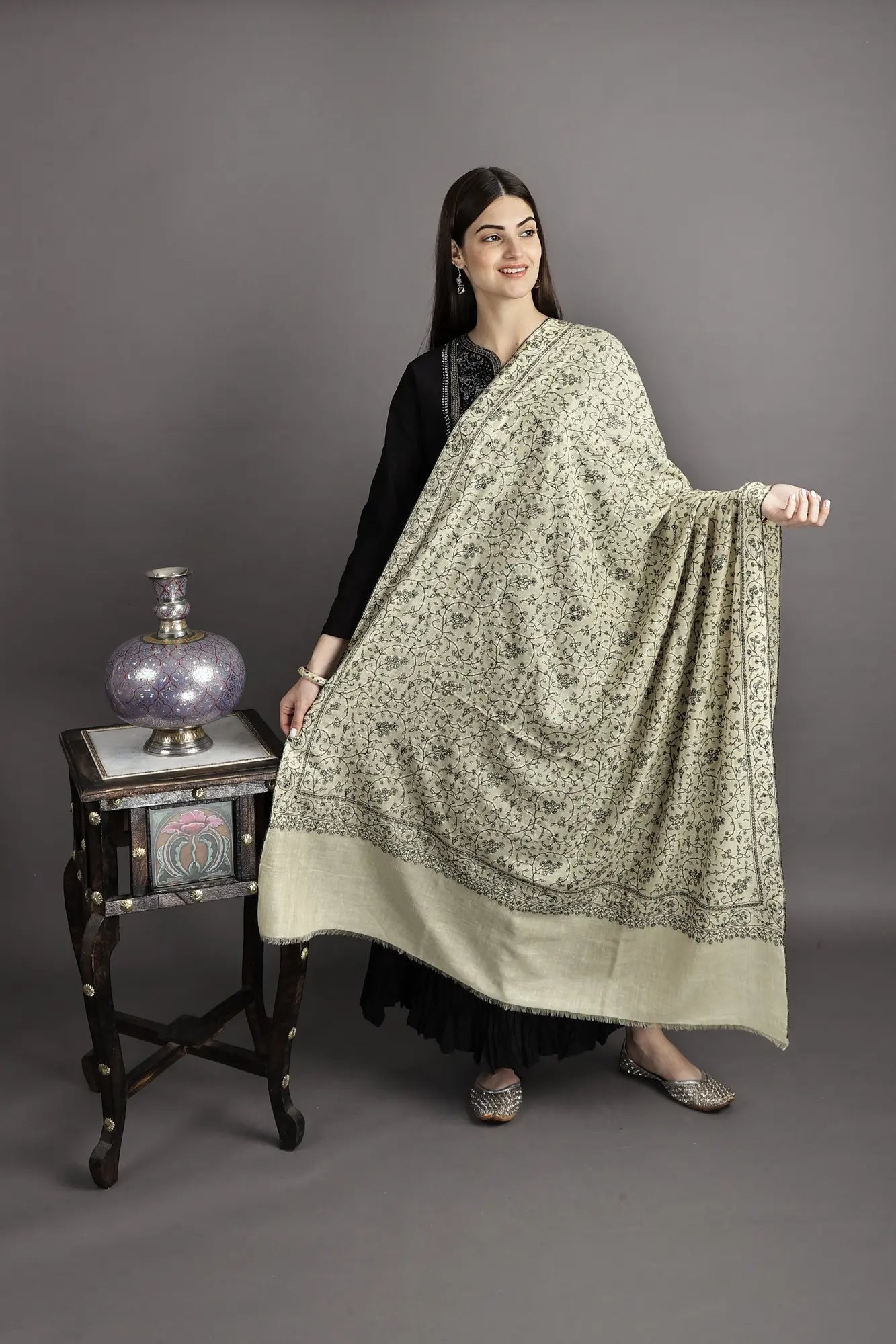 Grapeade Pure Pashmina Shawl from Kashmir with Sozni Hand-Embroidered Flowers in Multicolor Thread
