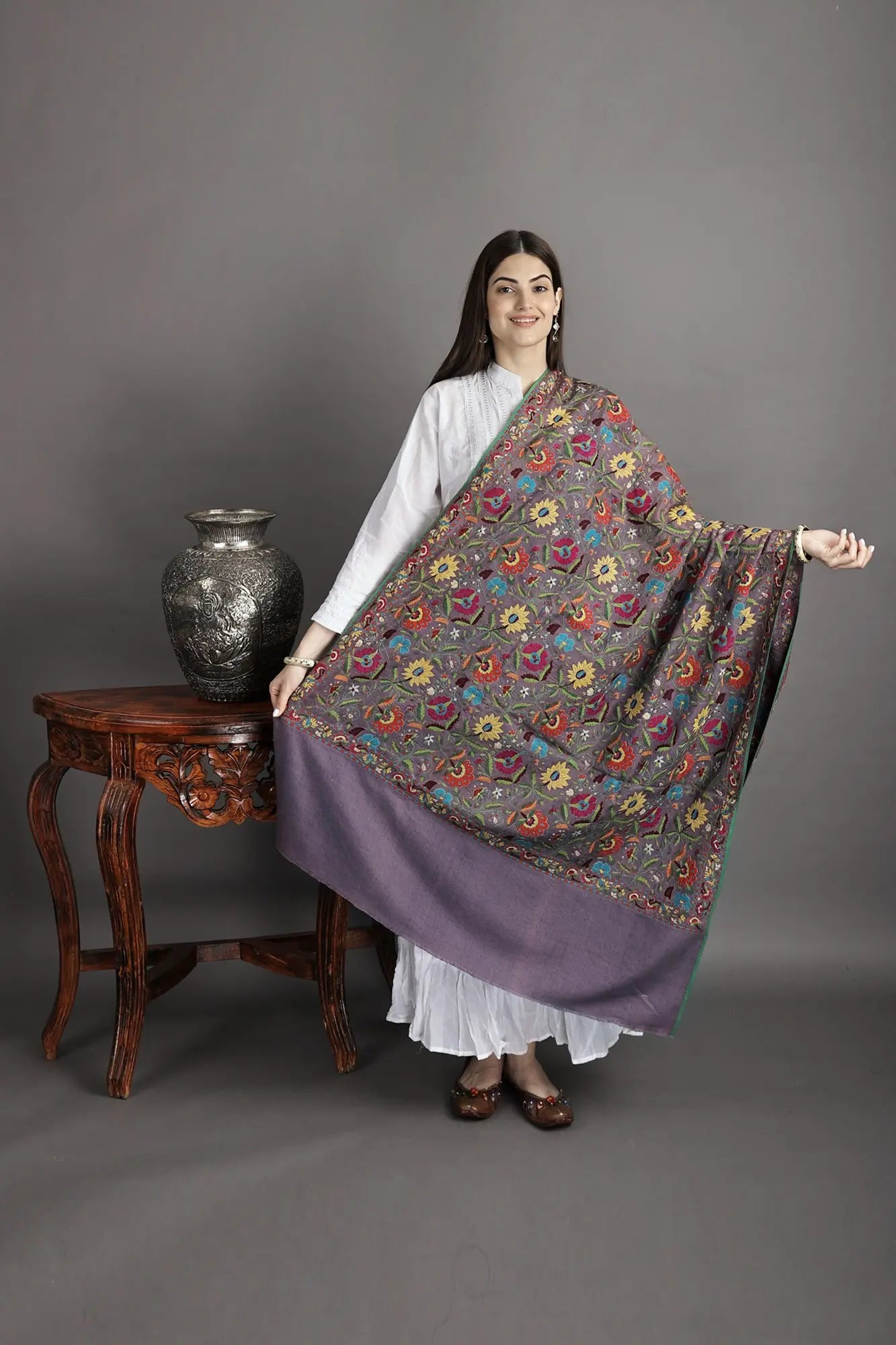 Summer-Sand Handloom Pure Pashmina Shawl from Kashmir with Sozni-Embroidery by Hand