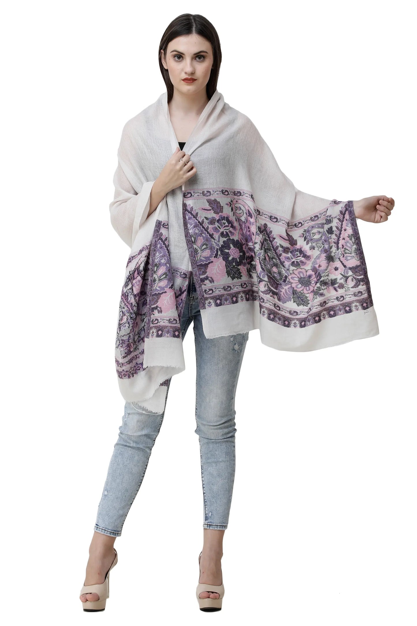 Affogato Pashmina Shawl from Kashmir with Heavy Sozni Embroidered Paisley and Flowers