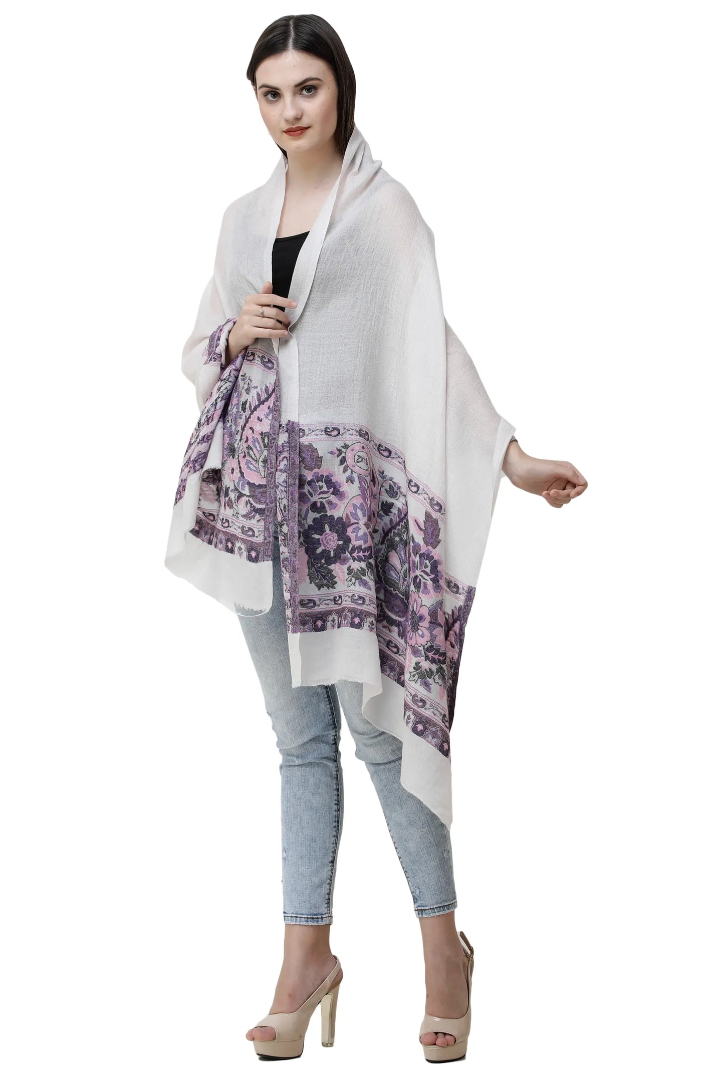 Affogato Pashmina Shawl from Kashmir with Heavy Sozni Embroidered Paisley and Flowers