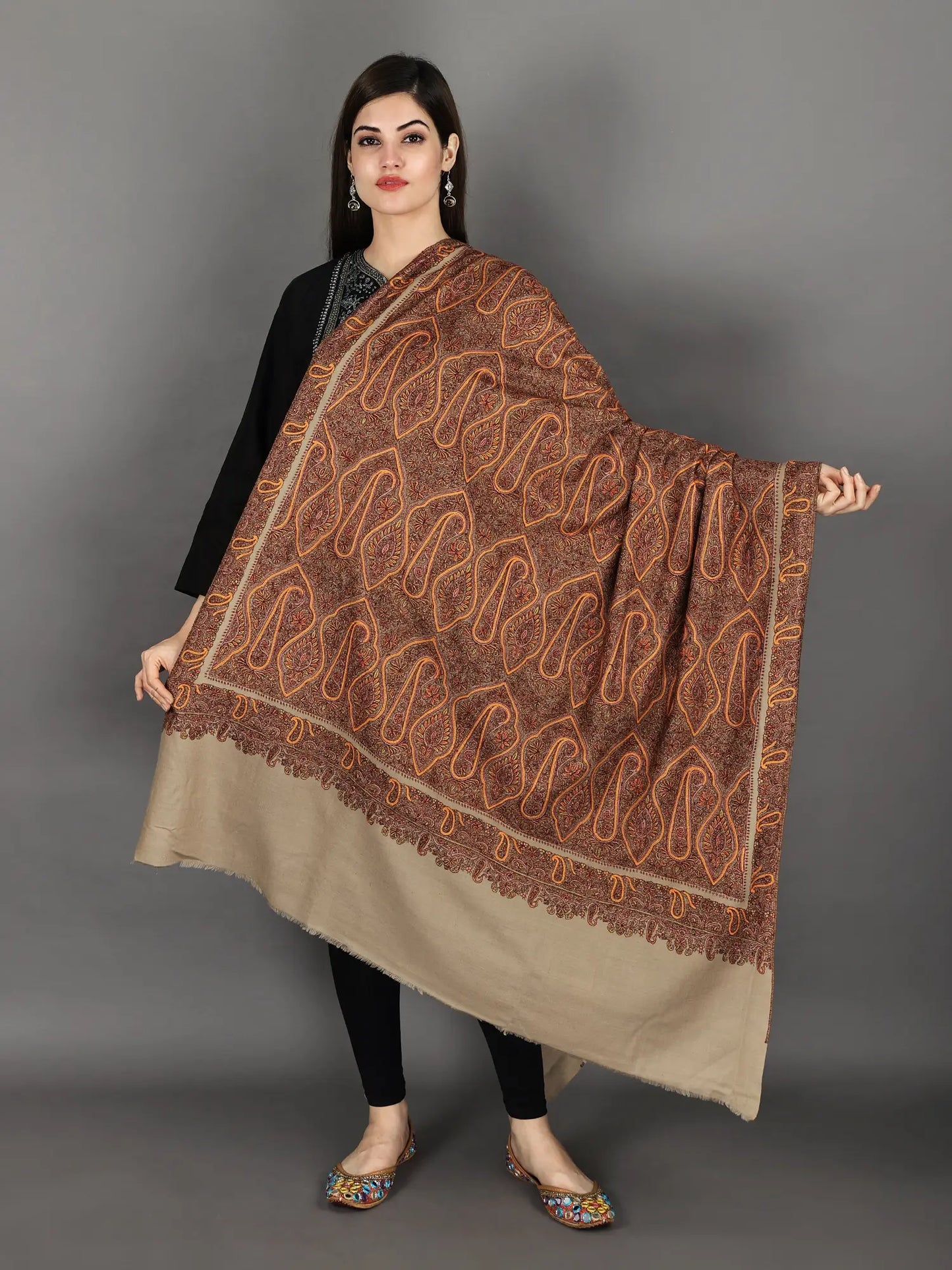 Strawberry-Cream Pure Pashmina Shawl from Kashmir with Sozni Hand-Embroidered Paisleys and Flowers in White Thread