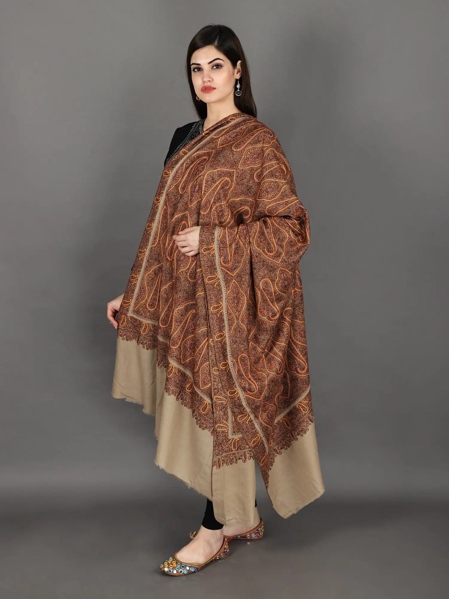 Strawberry-Cream Pure Pashmina Shawl from Kashmir with Sozni Hand-Embroidered Paisleys and Flowers in White Thread