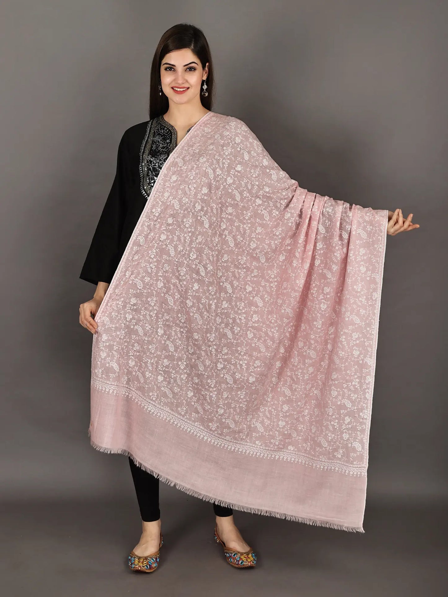 Savannah-Tan Pure Pashmina Shawl from Kashmir with Sozni Hand-Embroidered Flowers and Leaves in Multicolored Thread