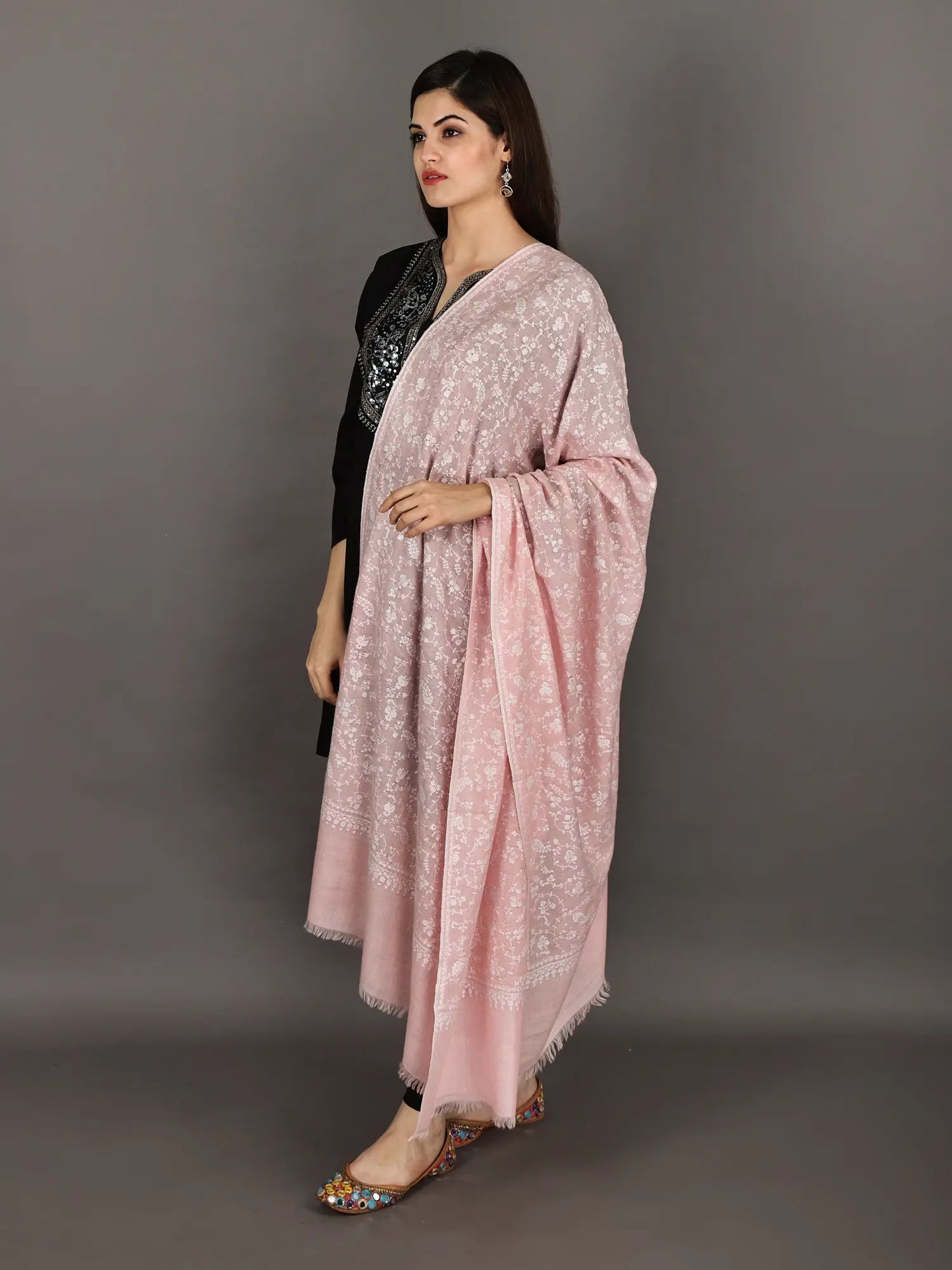 Savannah-Tan Pure Pashmina Shawl from Kashmir with Sozni Hand-Embroidered Flowers and Leaves in Multicolored Thread
