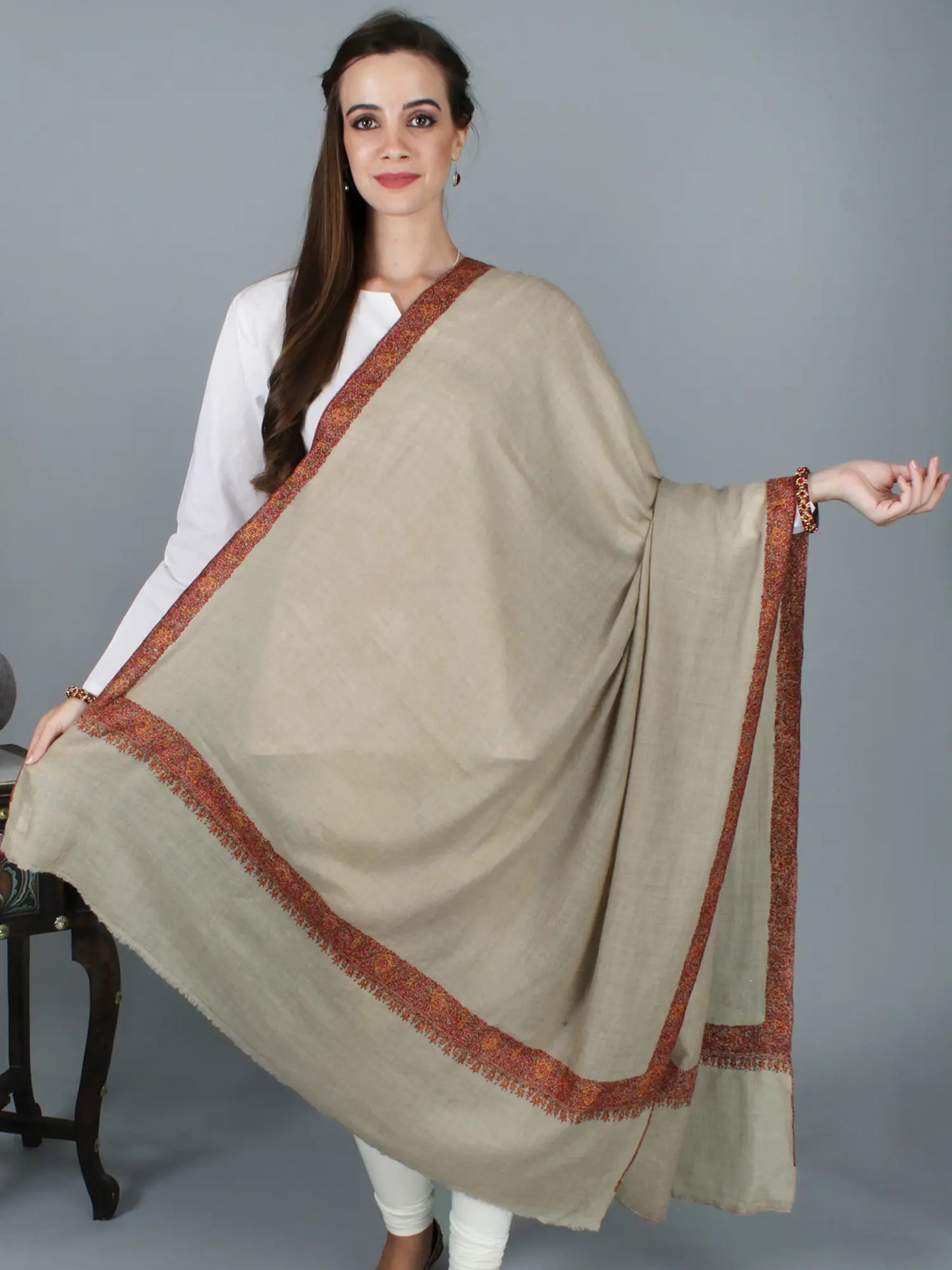 Peyote Pure-Pashmina Shawl From Srinagar with Sozni Embroidery on Border By Hand