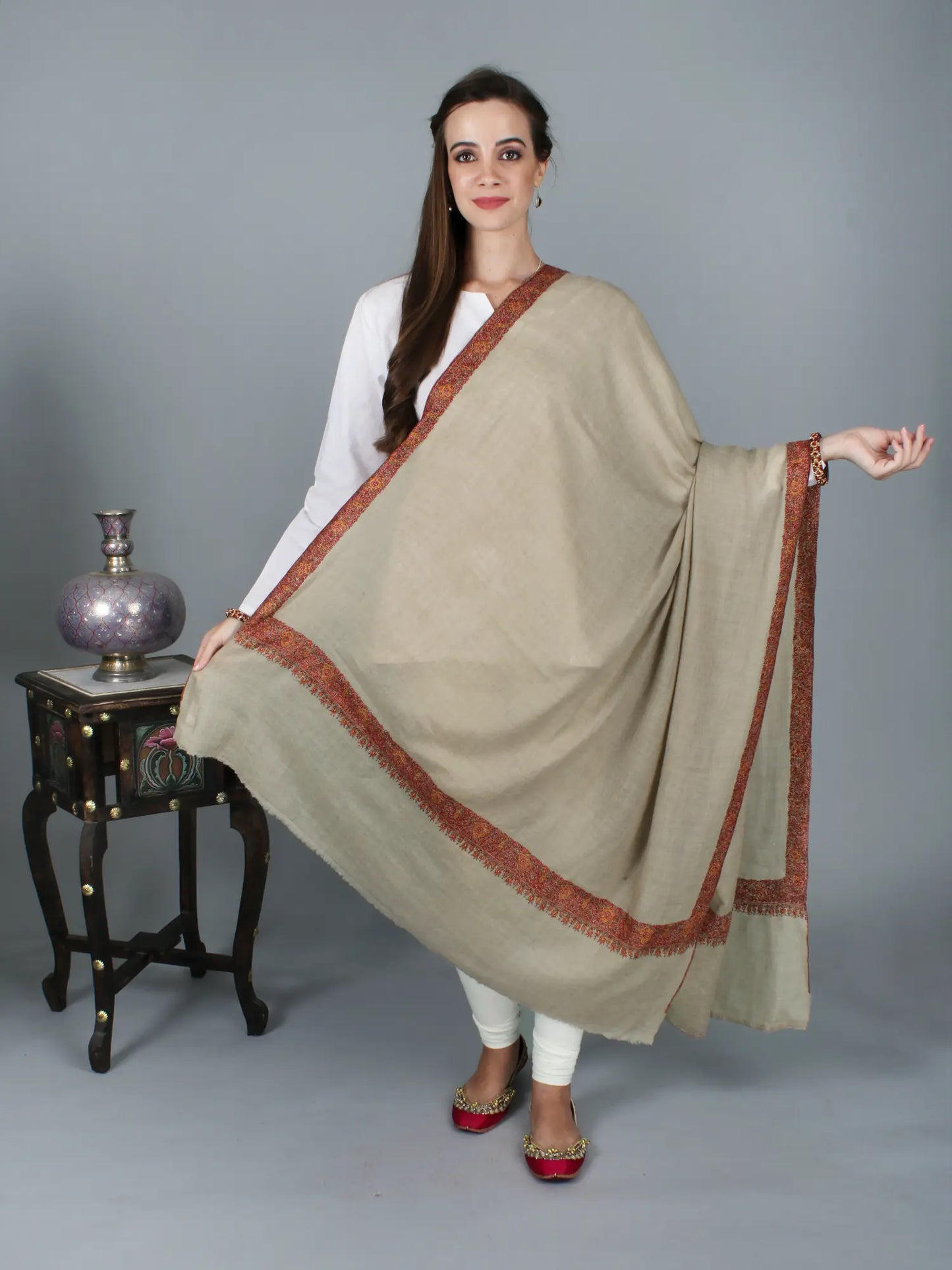 Peyote Pure-Pashmina Shawl From Srinagar with Sozni Embroidery on Border By Hand