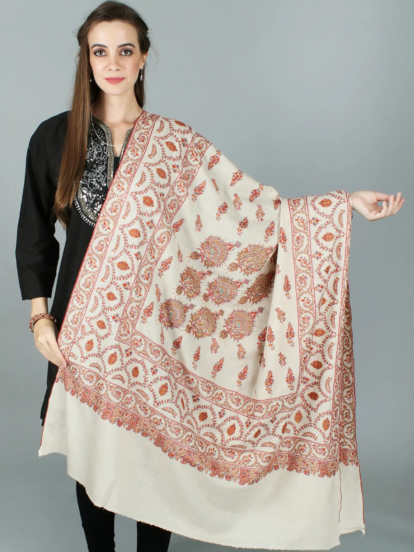 White-Sand Pure Pashmina Shawl from Kashmir with Rich Sozni Hand-Embroidered Flowers in Multicolor Thread