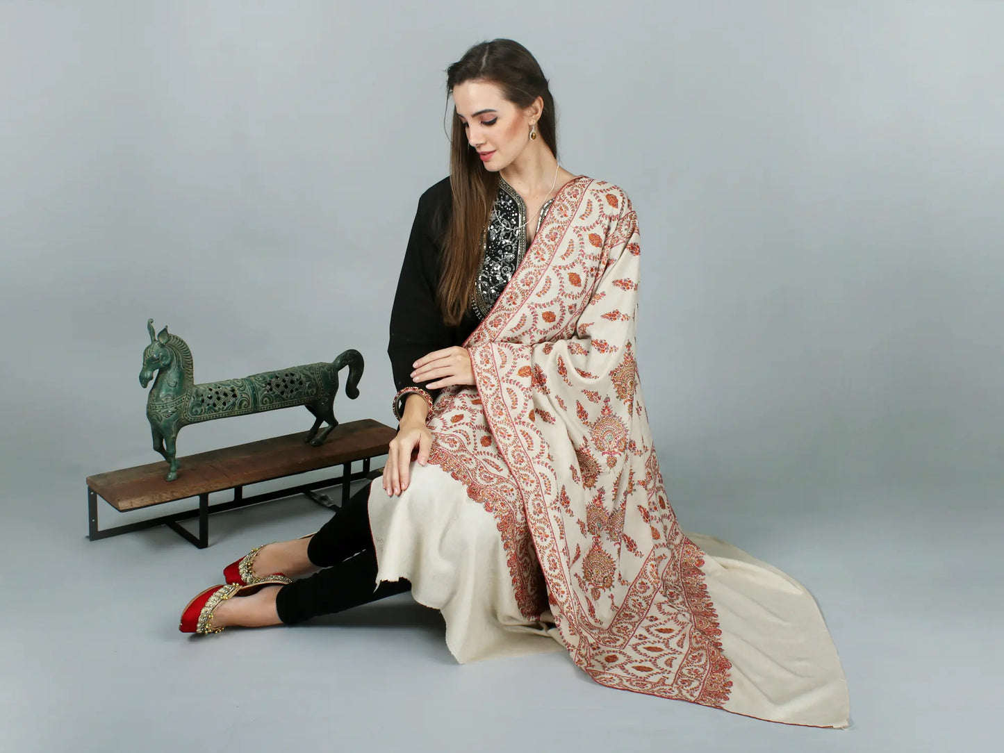 White-Sand Pure Pashmina Shawl from Kashmir with Rich Sozni Hand-Embroidered Flowers in Multicolor Thread