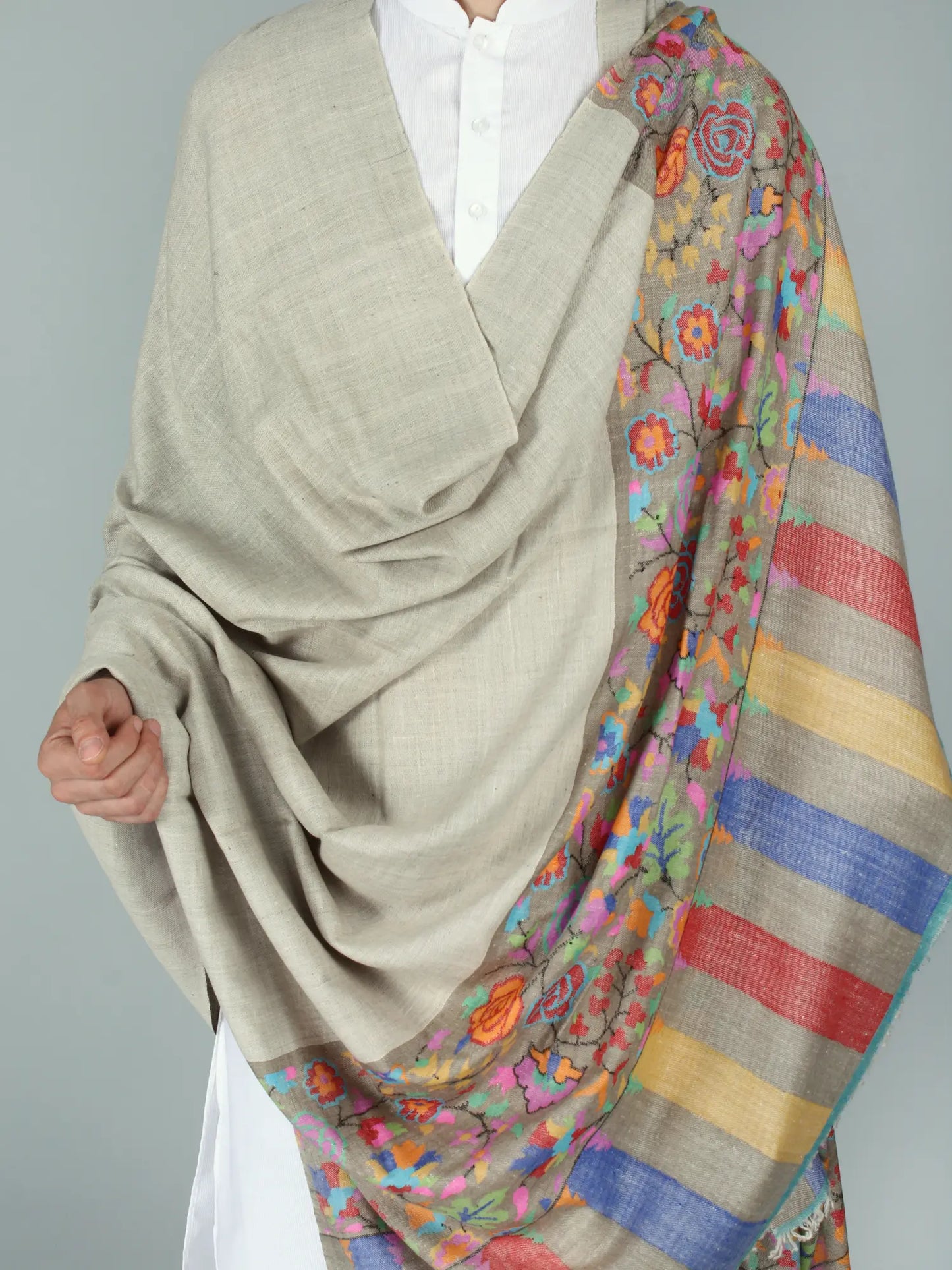 Simply-Taupe Pure Pashmina Shawl for Men With Flamboyant Kani Jamawar Kairy