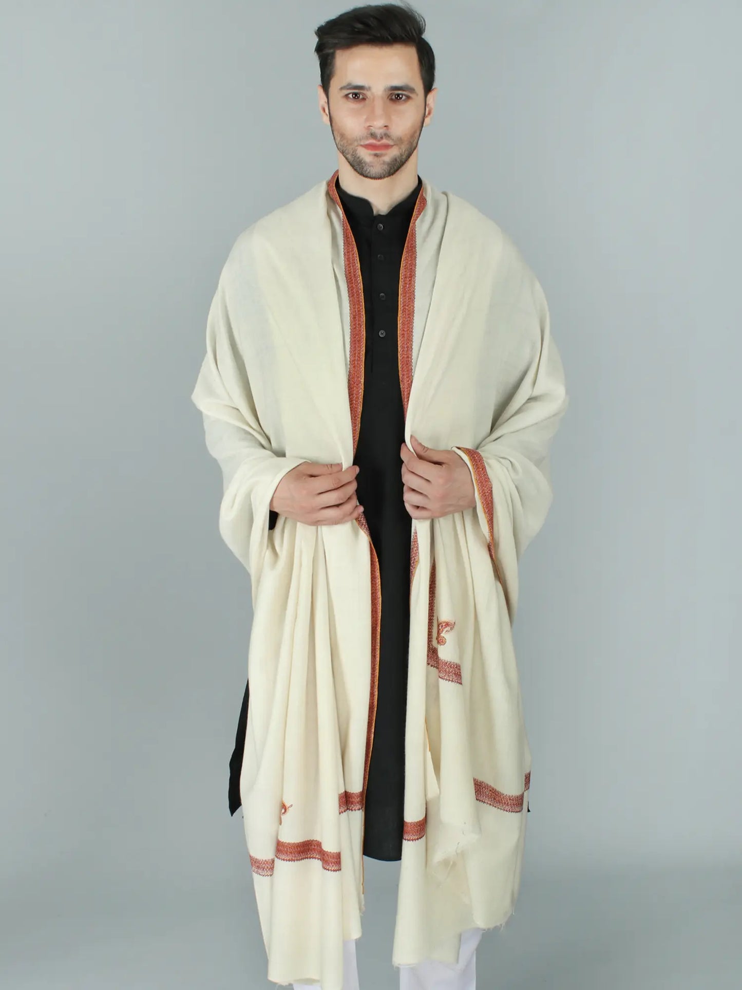 Pristine Pure Pashmina Dushala For Men With Delicate Sozni Embroidered Tulip Motif