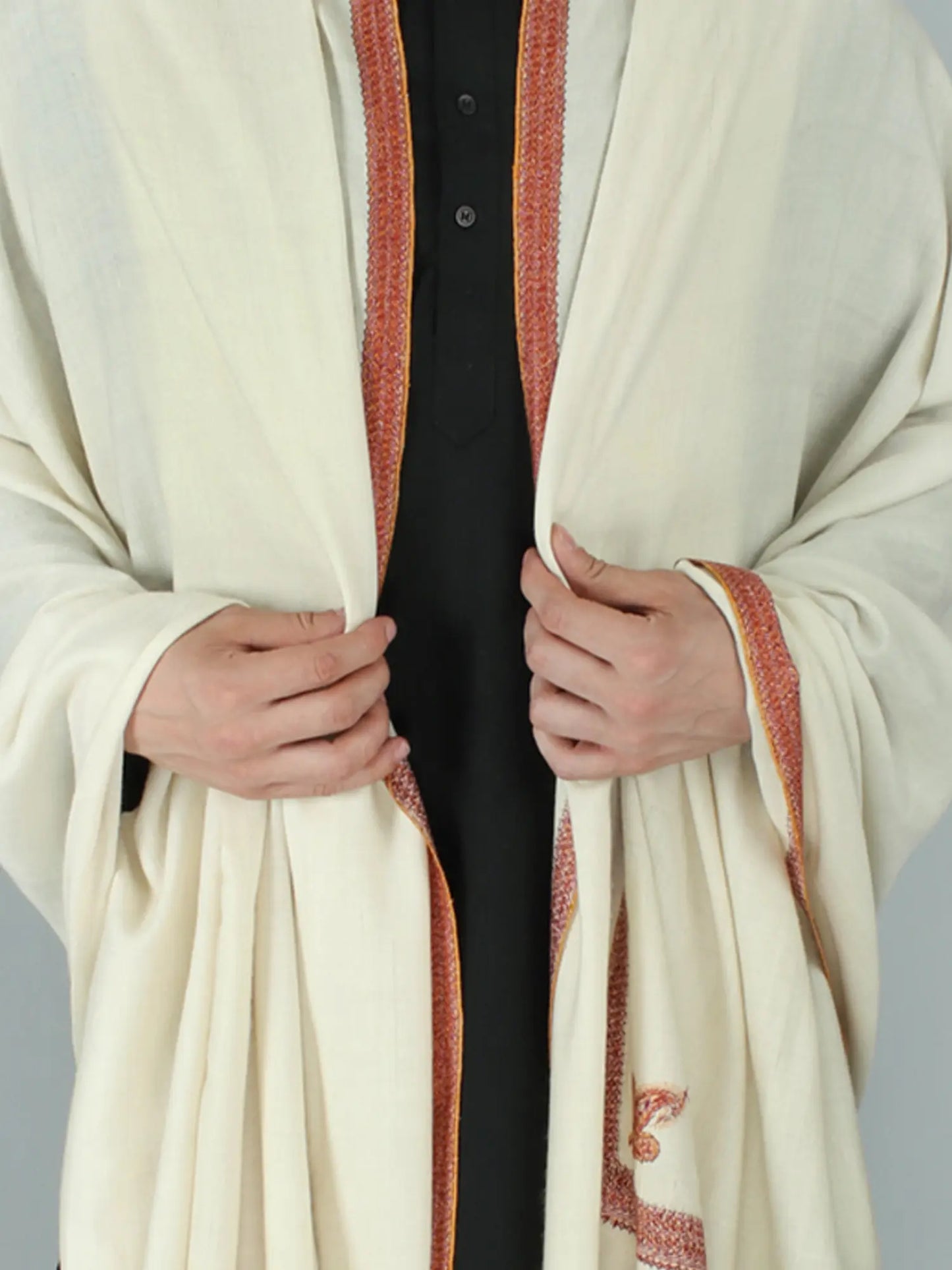 Pristine Pure Pashmina Dushala For Men With Delicate Sozni Embroidered Tulip Motif