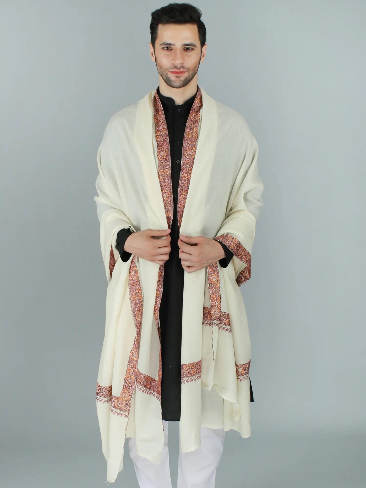 Whisper-White Tusha Shawl For Men With Floral Sozni Embroidery