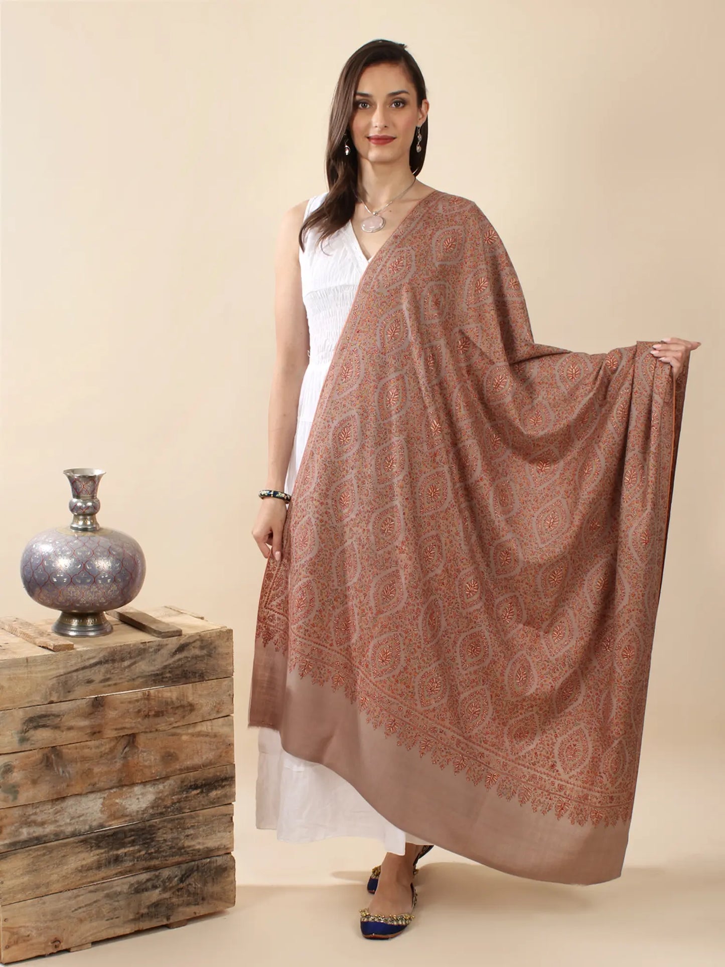 Maple-Sugar Pure Pashmina All-Over Multicolor Ogee Floral Pattern Hand-Embroidered Jamawar Shawl
