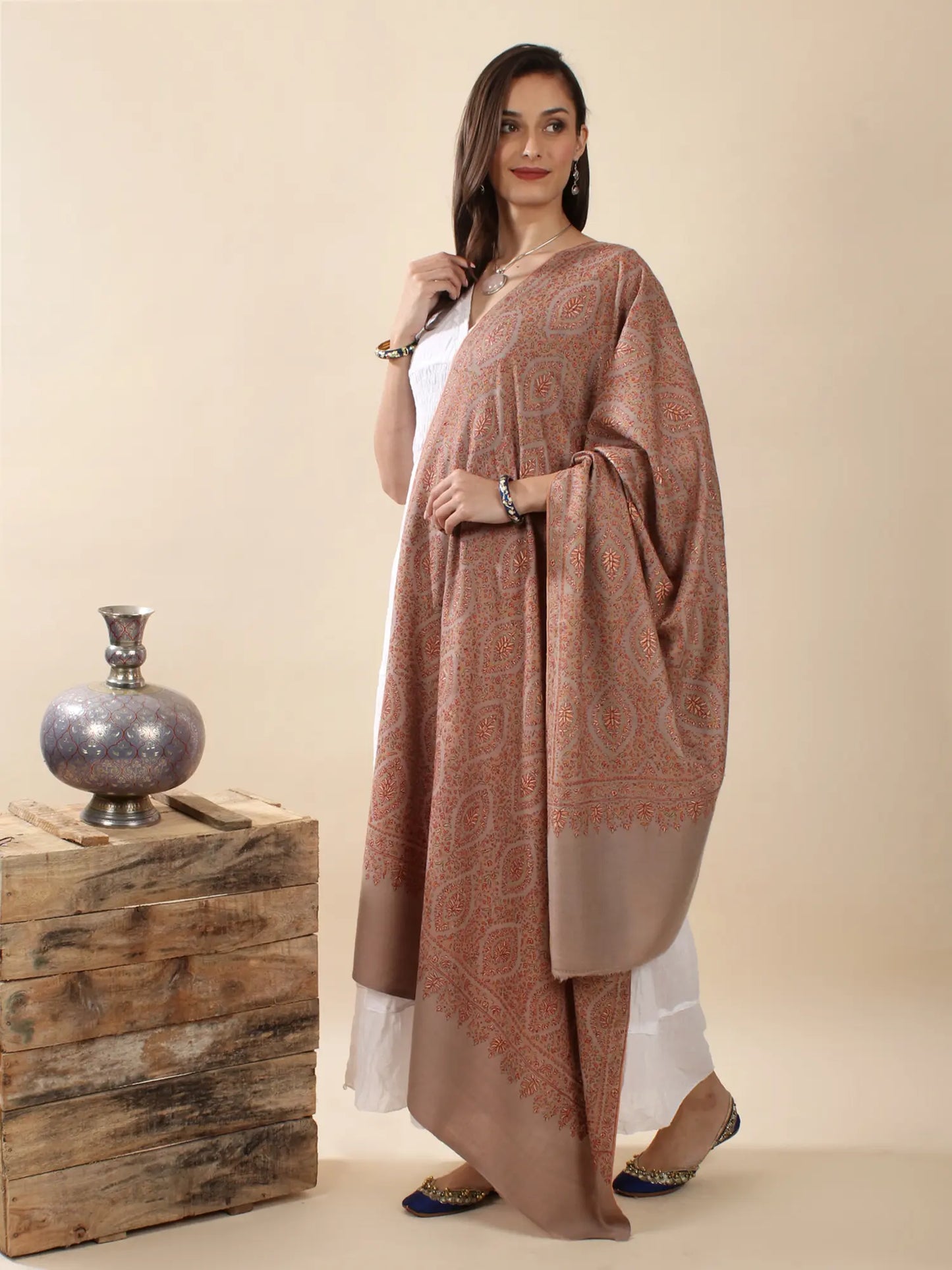 Maple-Sugar Pure Pashmina All-Over Multicolor Ogee Floral Pattern Hand-Embroidered Jamawar Shawl