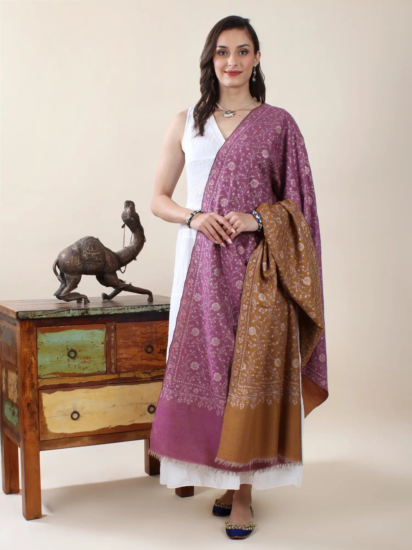 Purple-Brown Reversible Pure Pashmina Shawl With All-Over Sozni Hand-Embroidered Floral Jali