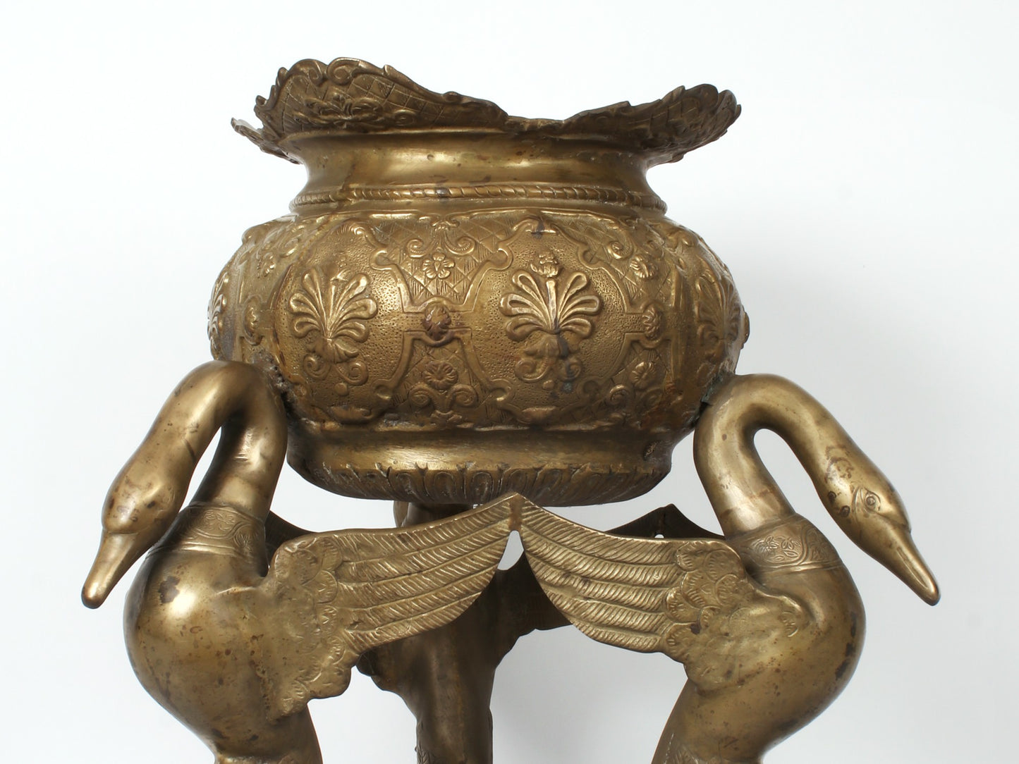 27" Brass Vintage Urli Pot on The Back of Swans