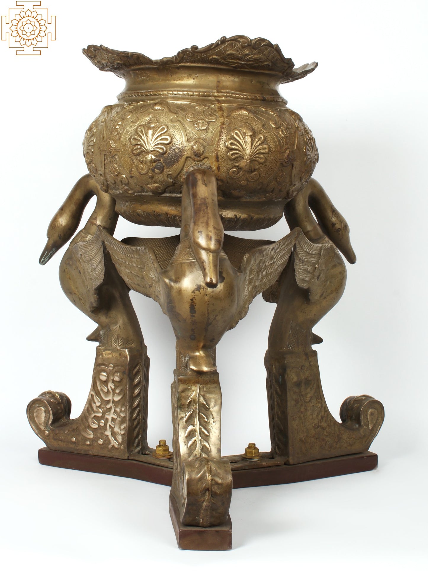 27" Brass Vintage Urli Pot on The Back of Swans