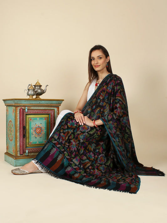 Black-Onyx Handloom Kani Pure Pashmina Shawl with Multicolor Floral Anthemion Pattern