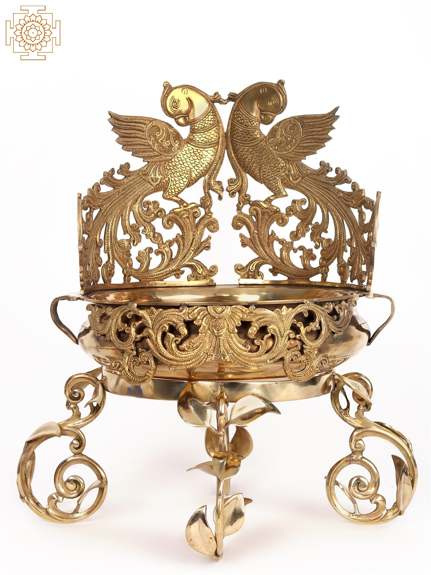 20" Brass Parrot Urli with Stand | Home Decor Showpiece