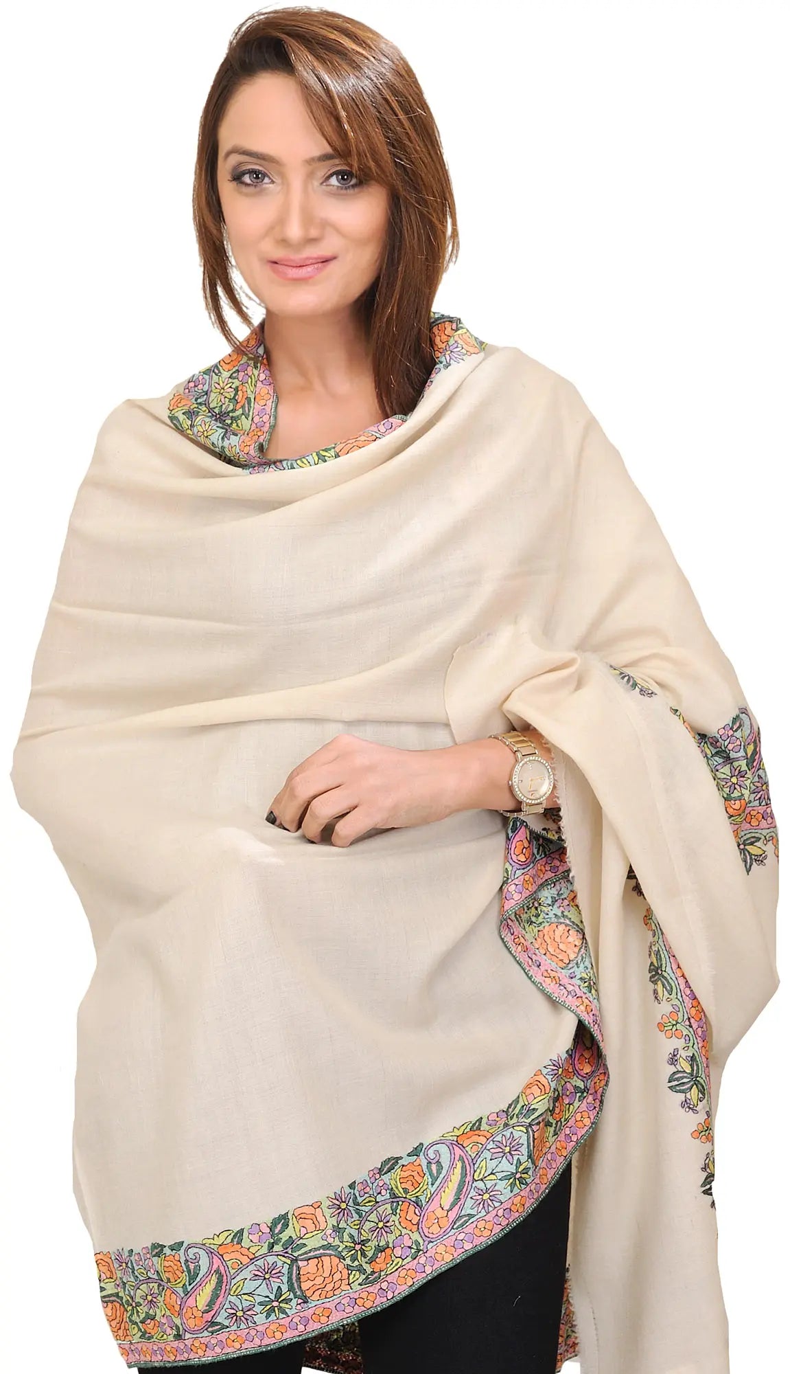 Winter-White Plain Pashmina Shawl with Intricate Hand-Embroidery Flowers on Border