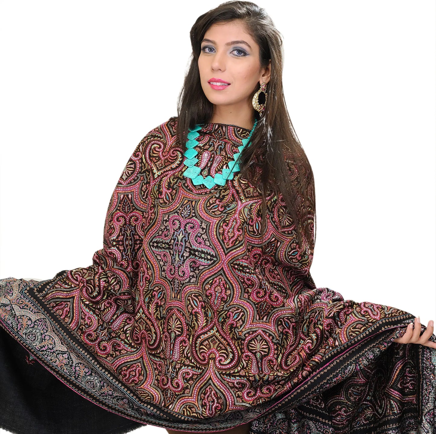 Jet-Black Pashmina Shawl with Indricate Needle Embroidery By Hand