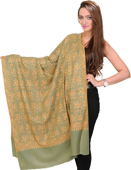Mineral-Green Kashmiri Shawl with Sozni Embroidered Paisleys by Hand