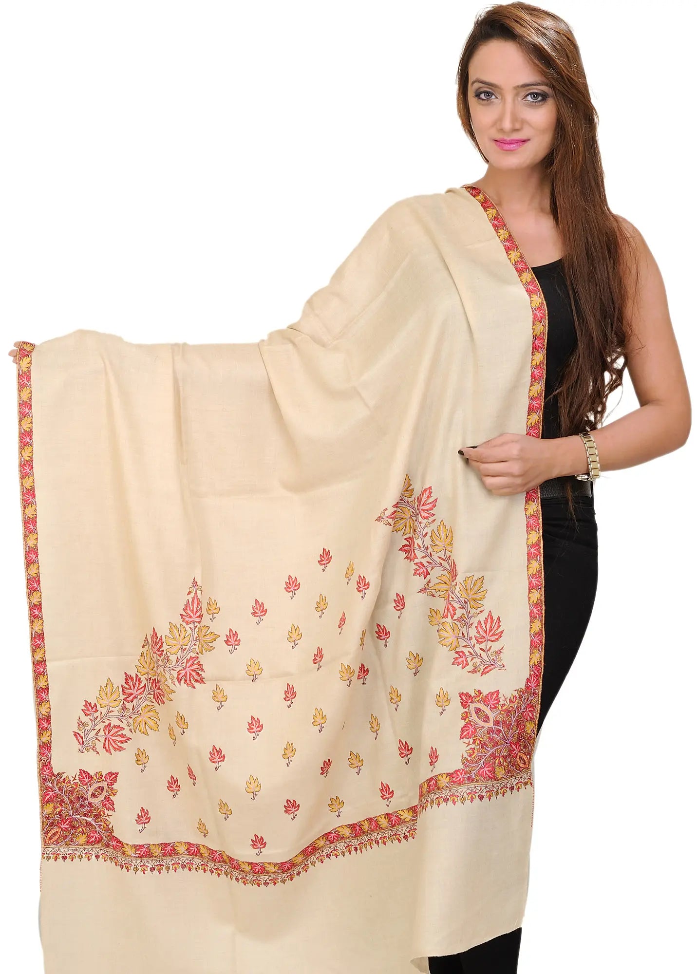 Almond-Buff Pashmina Shawl from Kashmir with Hand Embroidered Maple Leaves