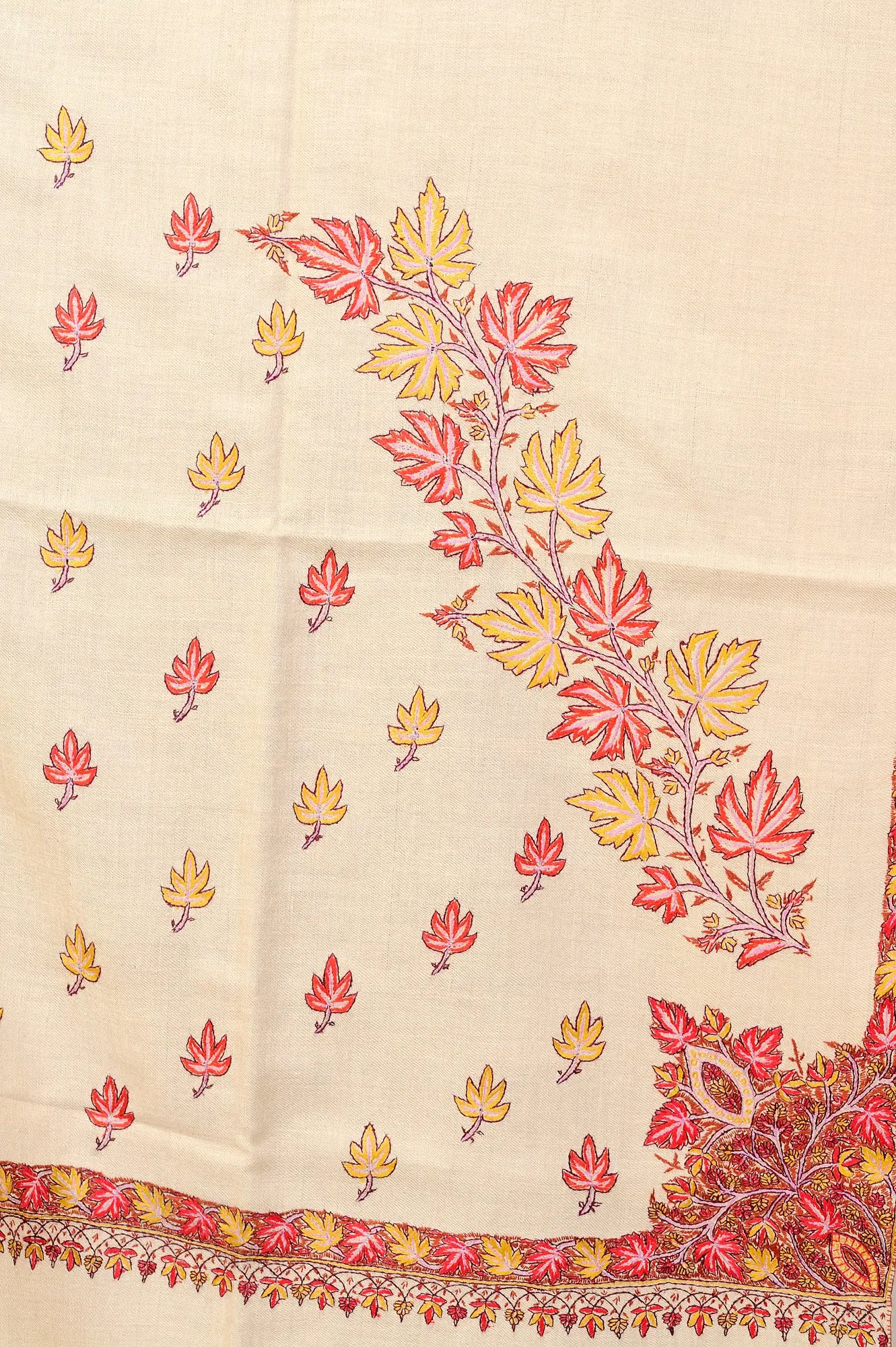 Almond-Buff Pashmina Shawl from Kashmir with Hand Embroidered Maple Leaves