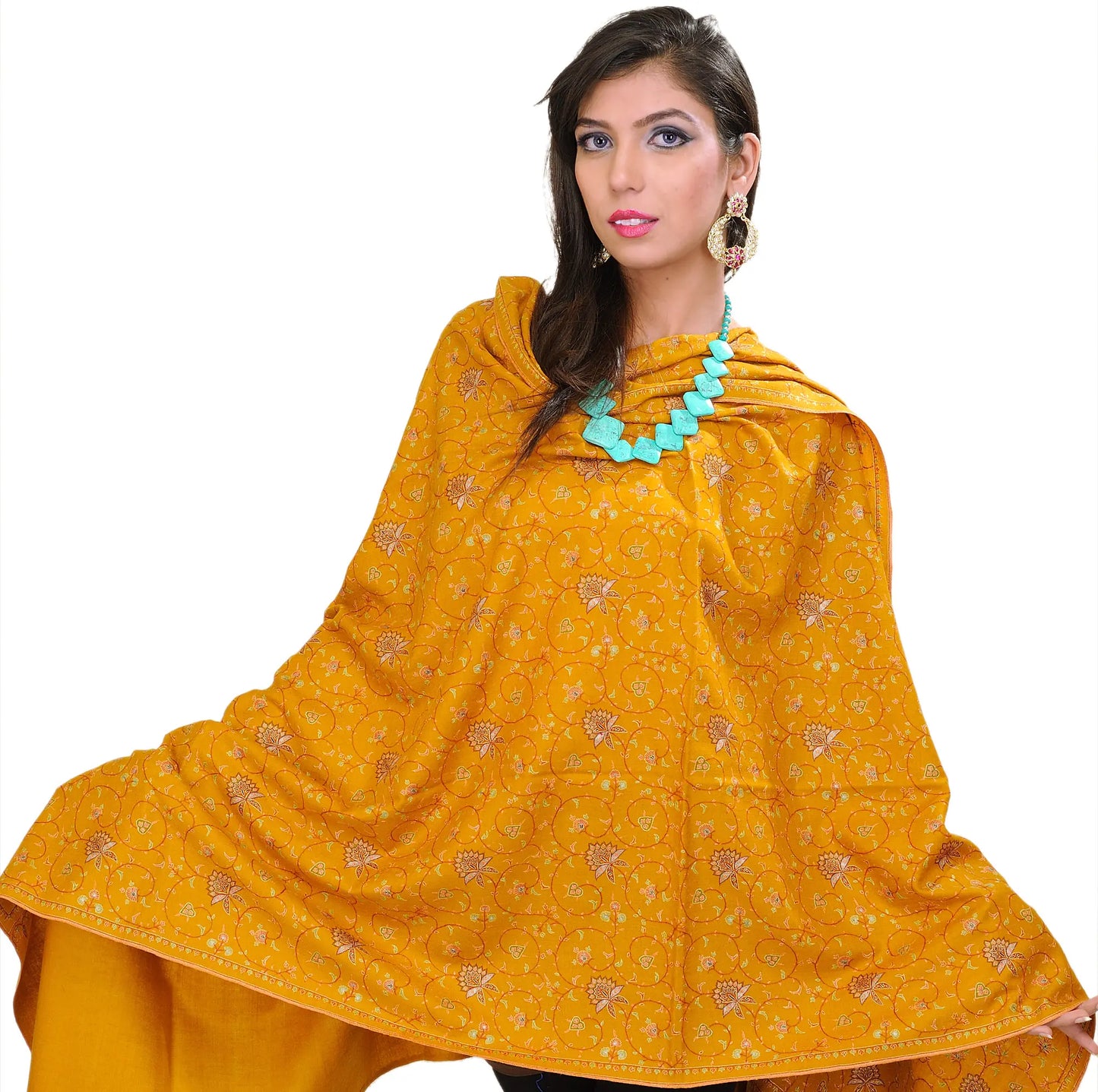 Mustard Pure Pashmina Shawl from Kashmir with Sozni Floral Embroidery