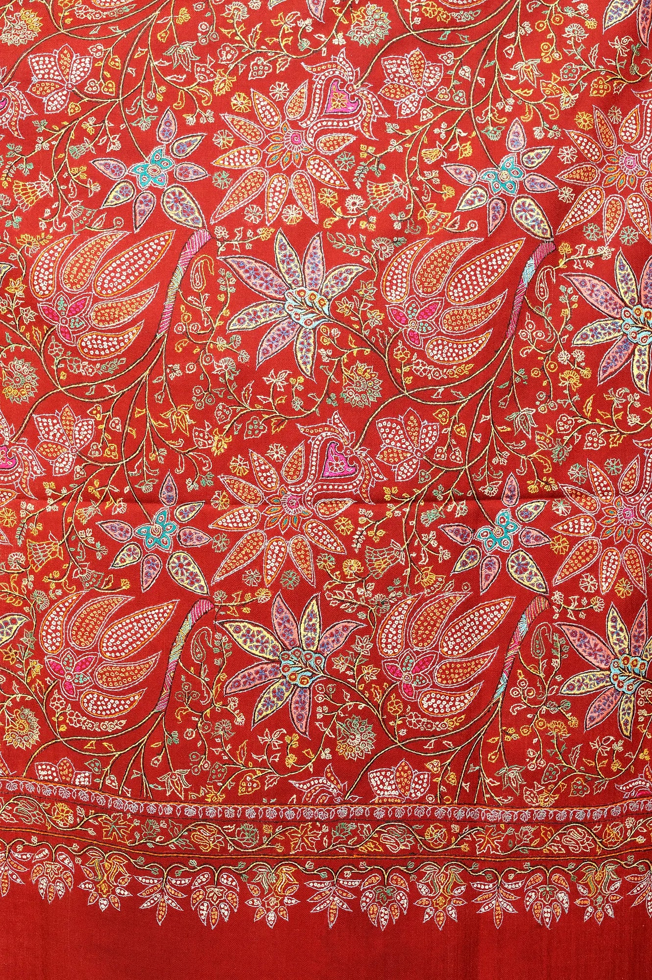 Brick-Red Pure Pashmina Kashmiri Shawl with Sozni Embroidered Flowers
