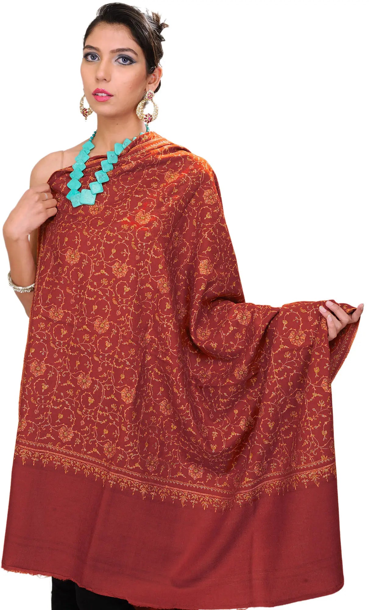 Burnt-Orange Pure Pashmina Shawl with Sozni Embroidered Flowers All-Over